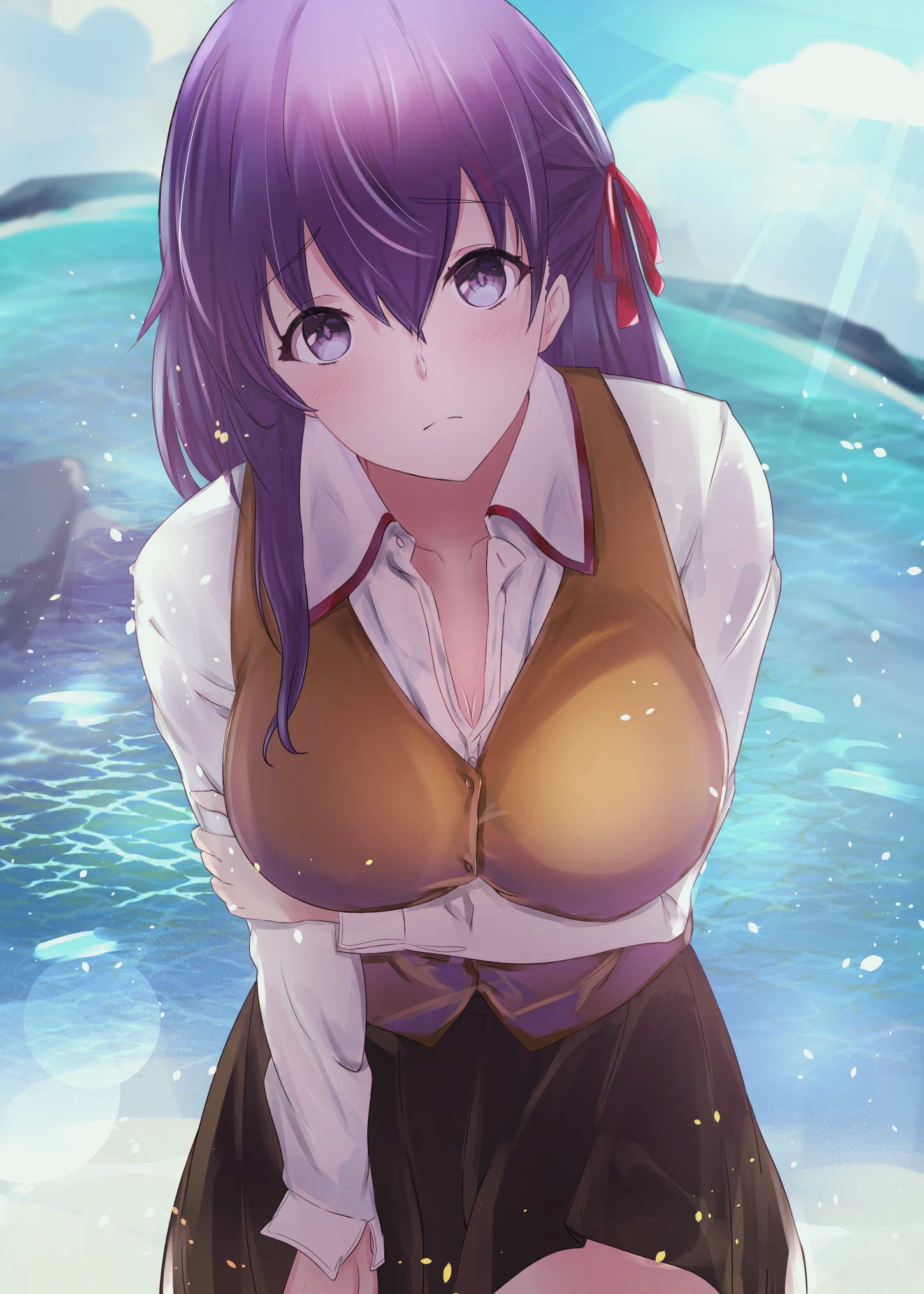 big boobs, wide hips, cleavage, hanging boobs, thighs, JK, looking at  viewer, hair in face, bangs, long hair, purple hair, wide breasts, curvy,  shiny hair, bent over, holding boobs, Fate/Stay Night, Fate