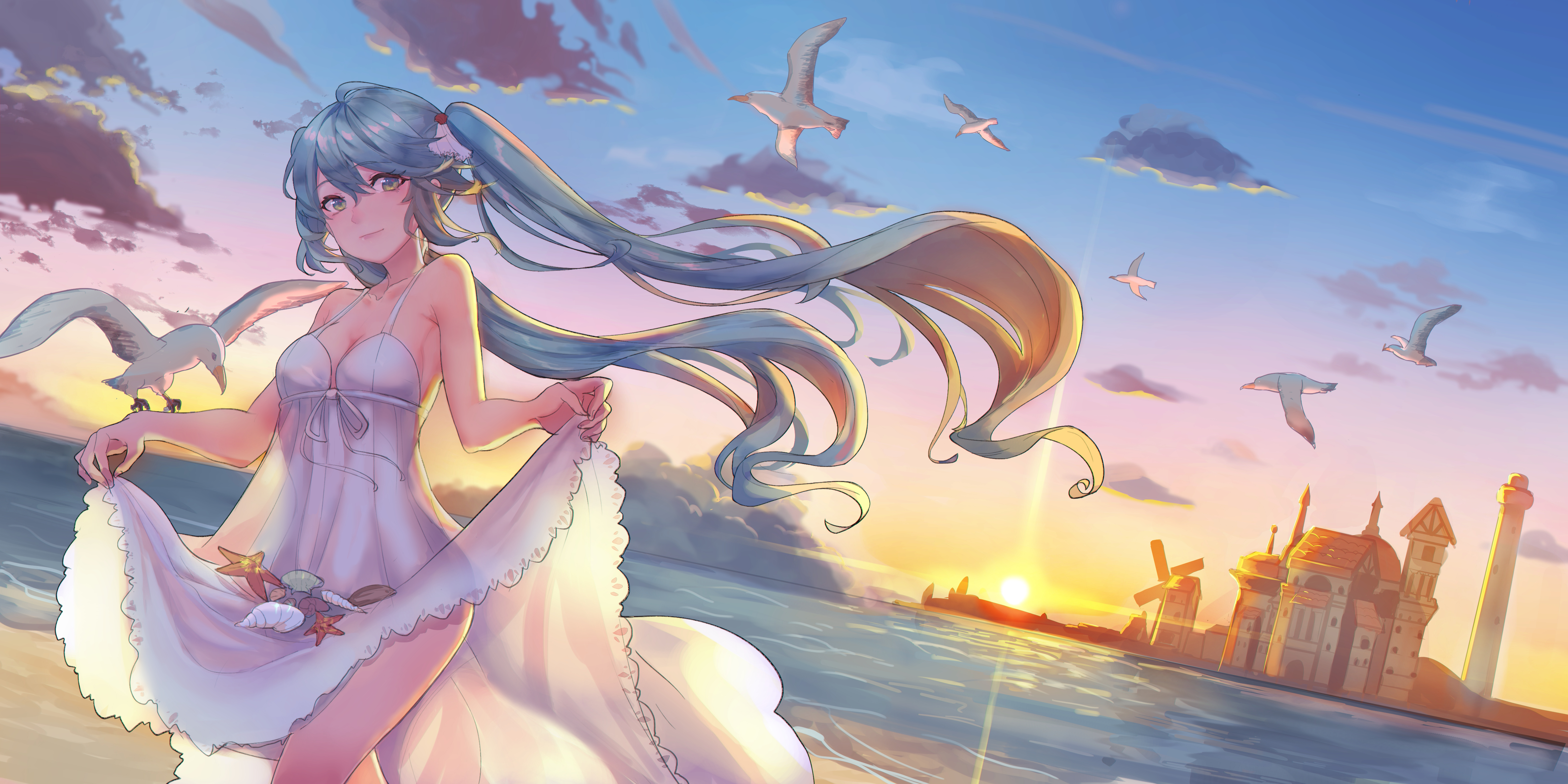 Anime 4917x2459 anime girls Vocaloid Hatsune Miku Ice (artist) smiling lifting dress sun dress beach