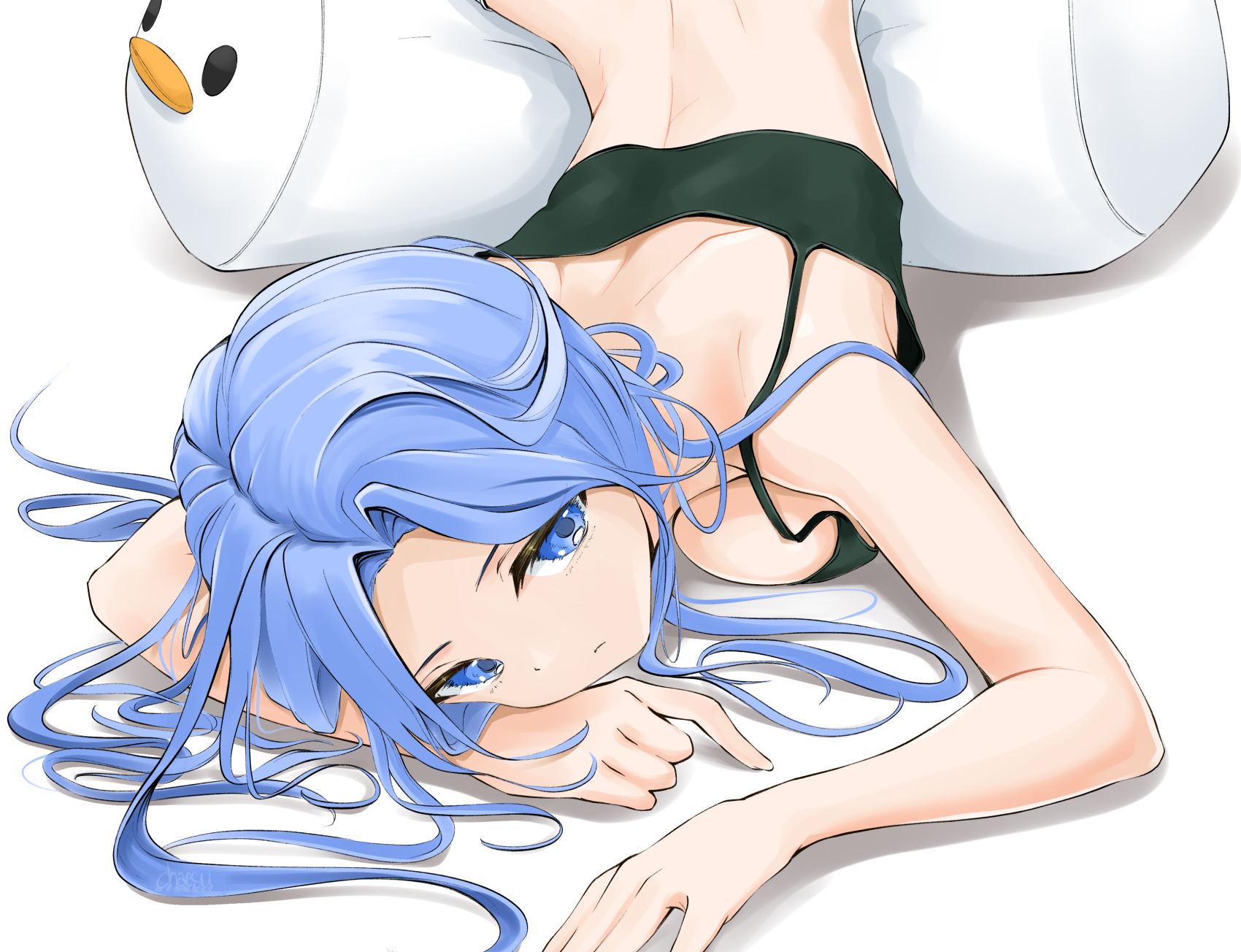 Anime 1700x1304 anime anime girls digital art artwork Chaesu blue hair blue eyes lying on front boobs tank top