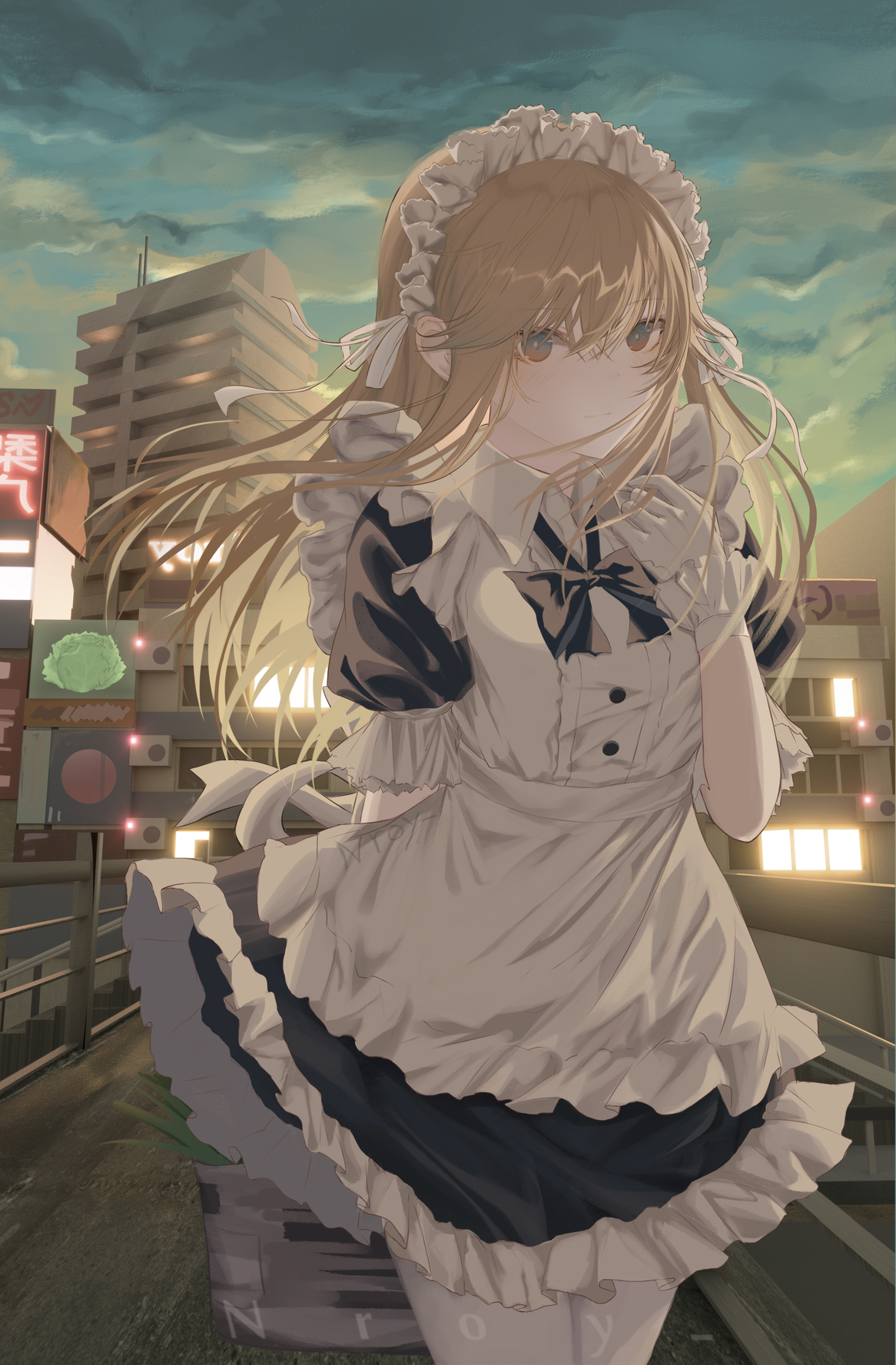 Anime 1166x1777 Nroy- anime girls portrait display blonde maid city urban women outdoors outdoors standing looking at viewer anime dress Pixiv maid outfit