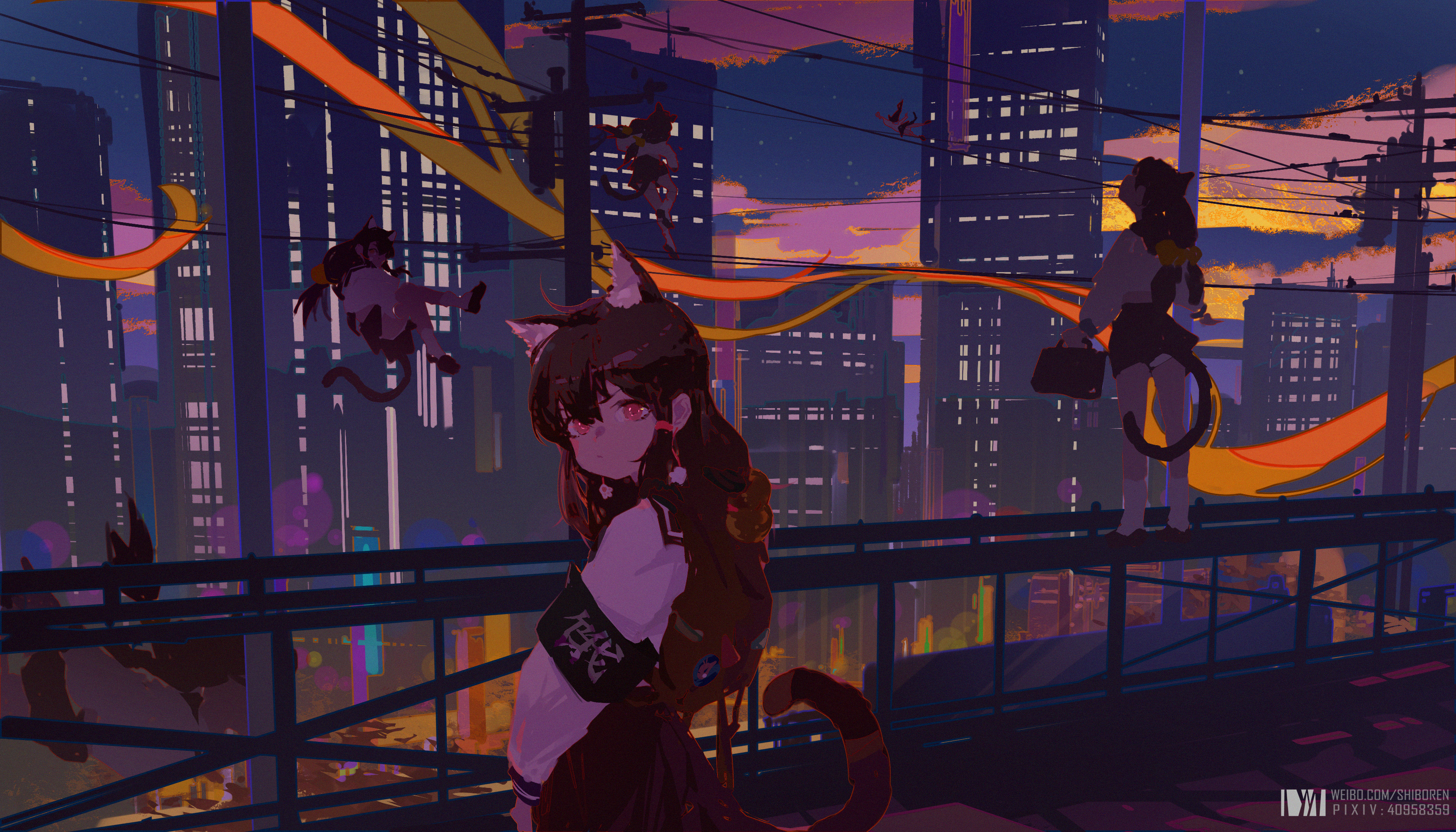 Anime 3500x2000 anime anime girls digital art artwork 2D portrait DM (artist) cat girl night cityscape