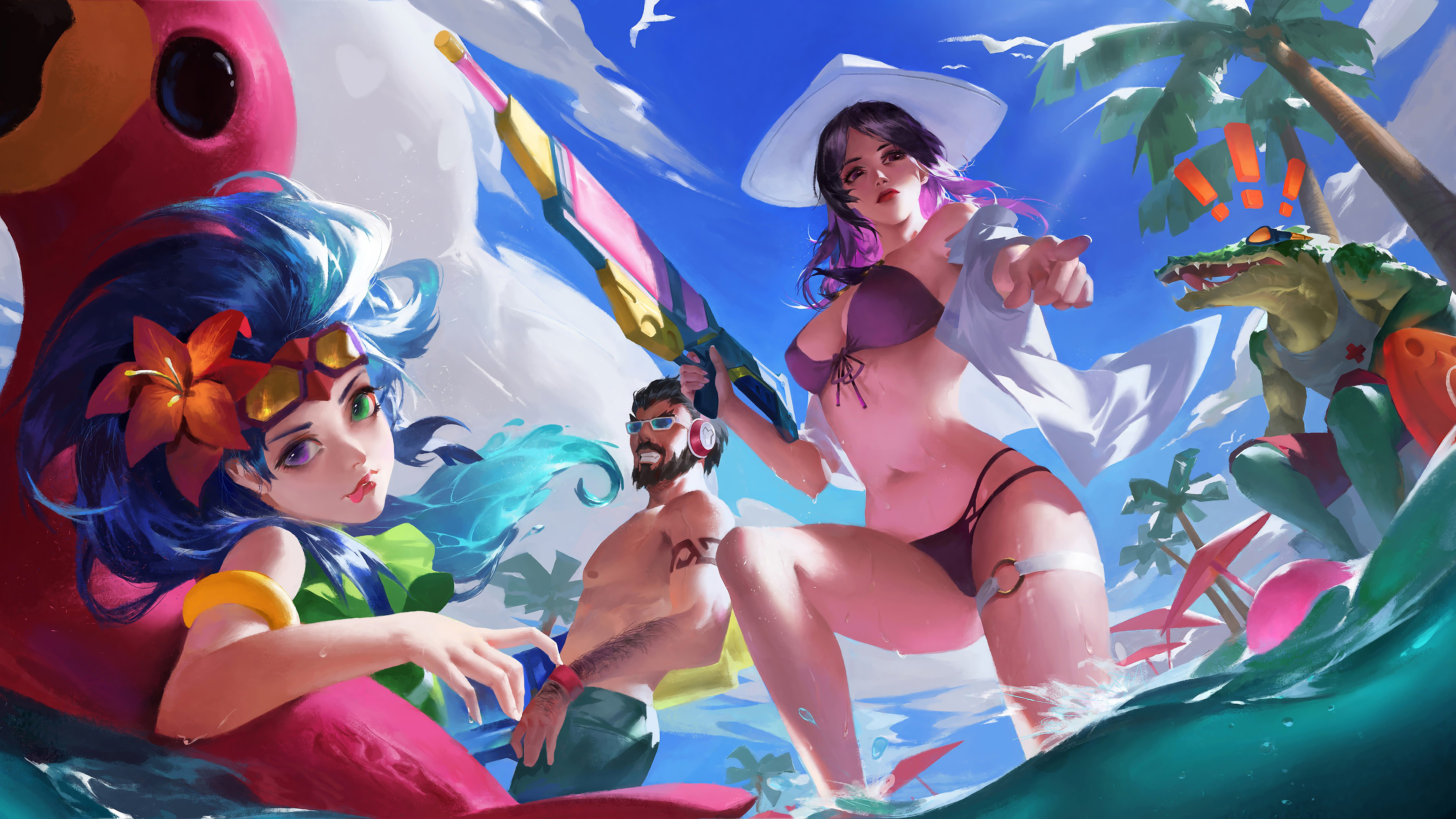 General 3840x2160 League of Legends video games Caitlyn (League of Legends) pool party Zoe (League of Legends) Renekton (League of Legends) finger pointing water guns palm trees flower in hair hat standing in water digital art floater Graves (League of Legends)