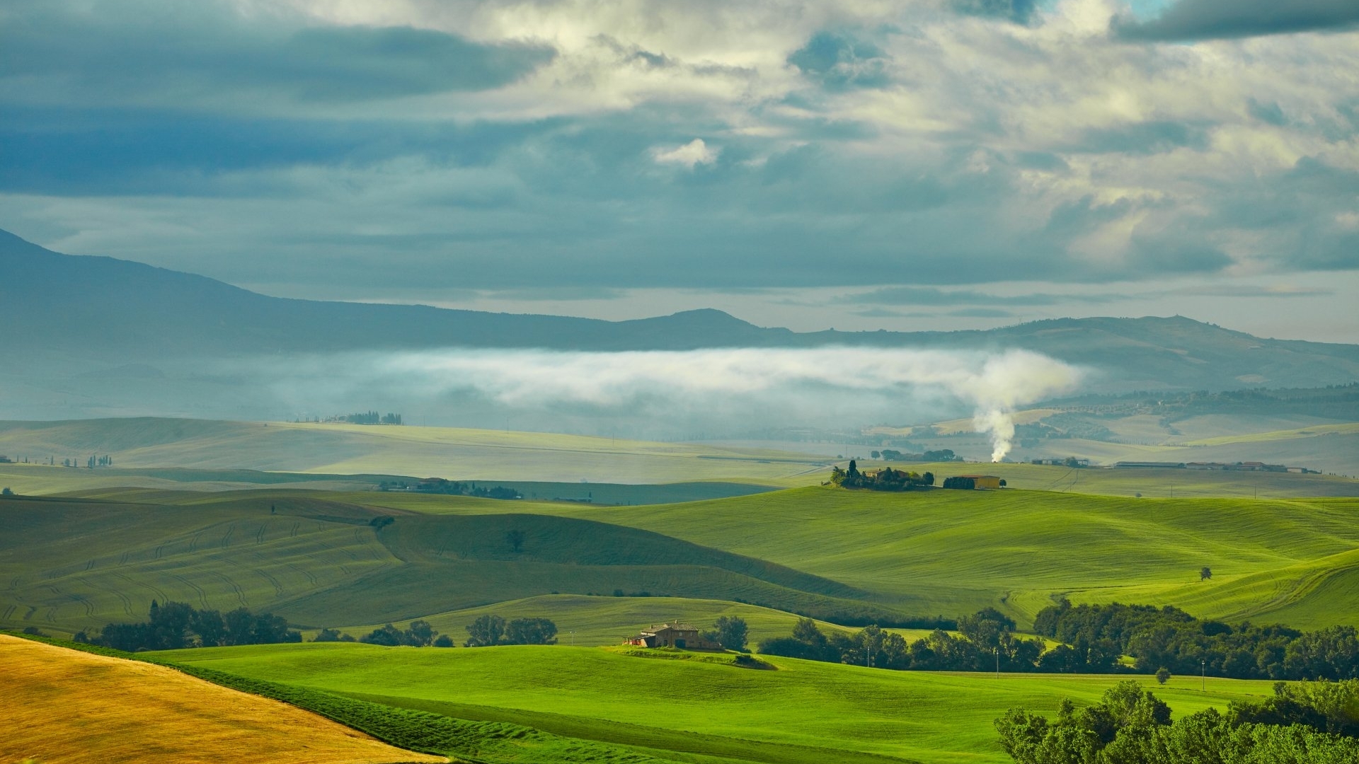 General 1920x1080 nature landscape trees Tuscany hills Italy mist field grass clouds