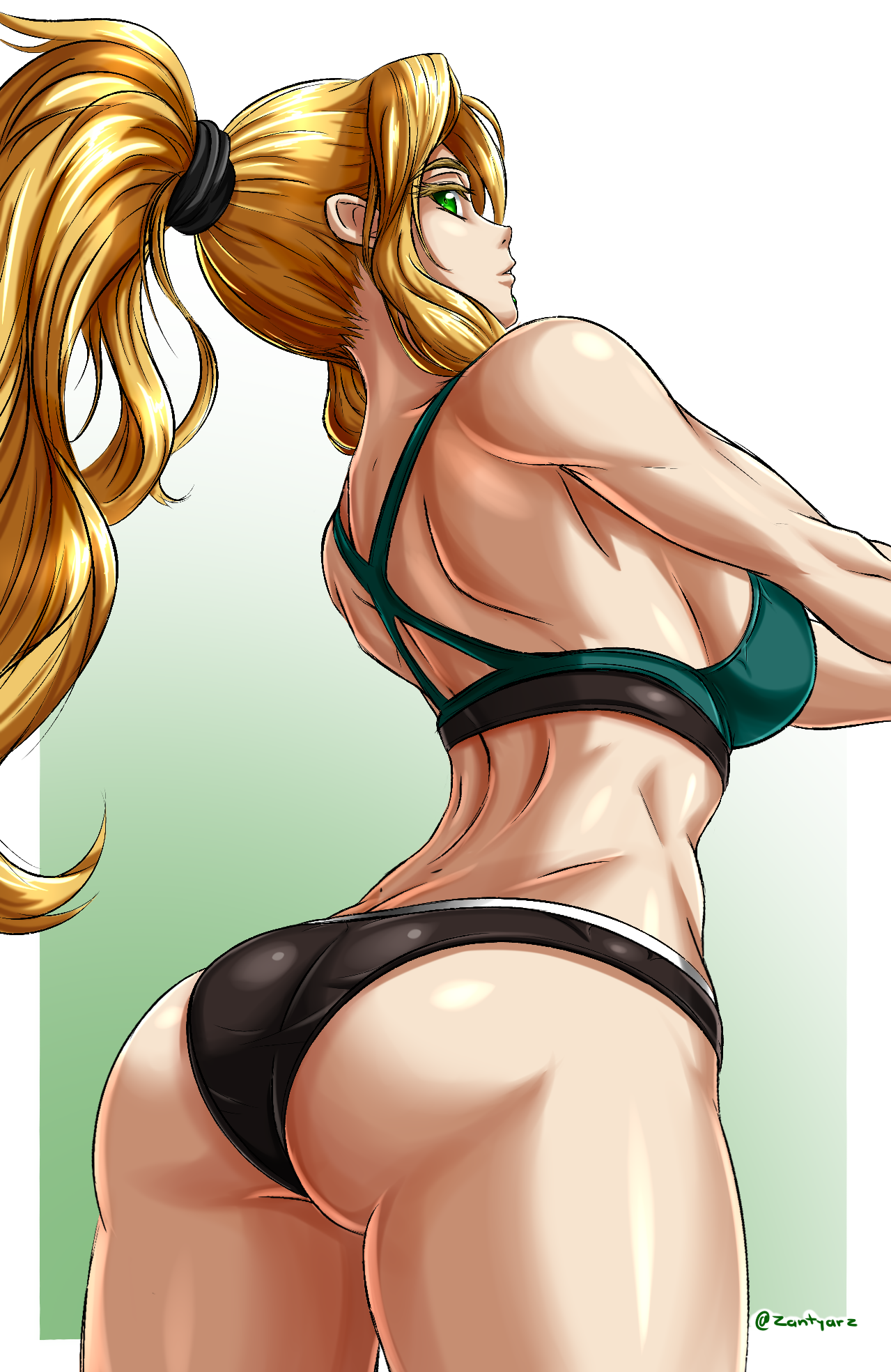 Anime 1279x1969 Fate series Fate/Grand Order ecchi muscles biceps ponytail low-angle sideboob armpits 2D anime thighs big boobs Quetzalcoatl (FGO) long hair bangs portrait display green eyes arms up curvy looking at viewer looking below rear view gradient fan art anime girls ass blonde underwear watermarked
