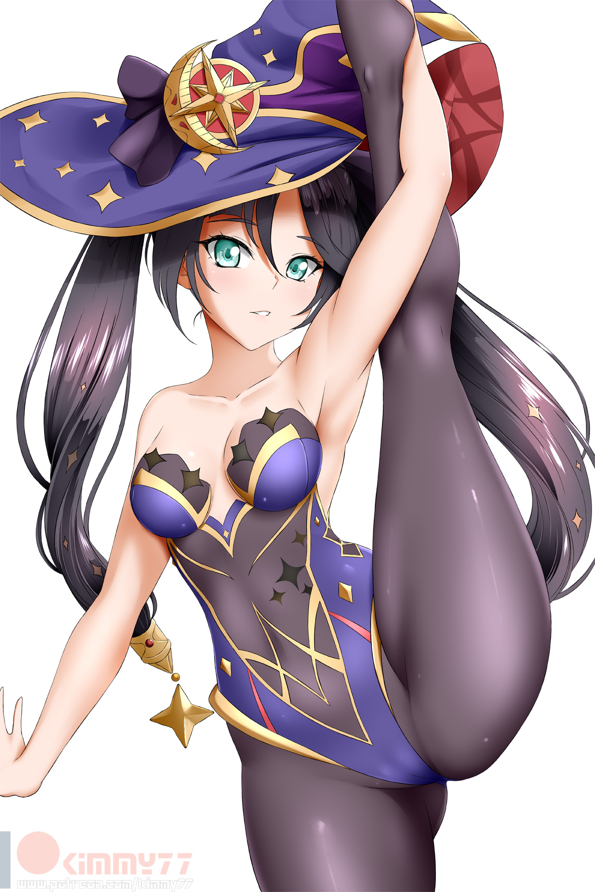 Anime 1200x1800 Genshin Impact video games anime anime girls video game art video game characters magician witch witch hat pantyhose bodysuit Mona (Genshin Impact) blue hair dark hair low neckline spread legs long hair hat Kimmy77 splits standing cameltoe