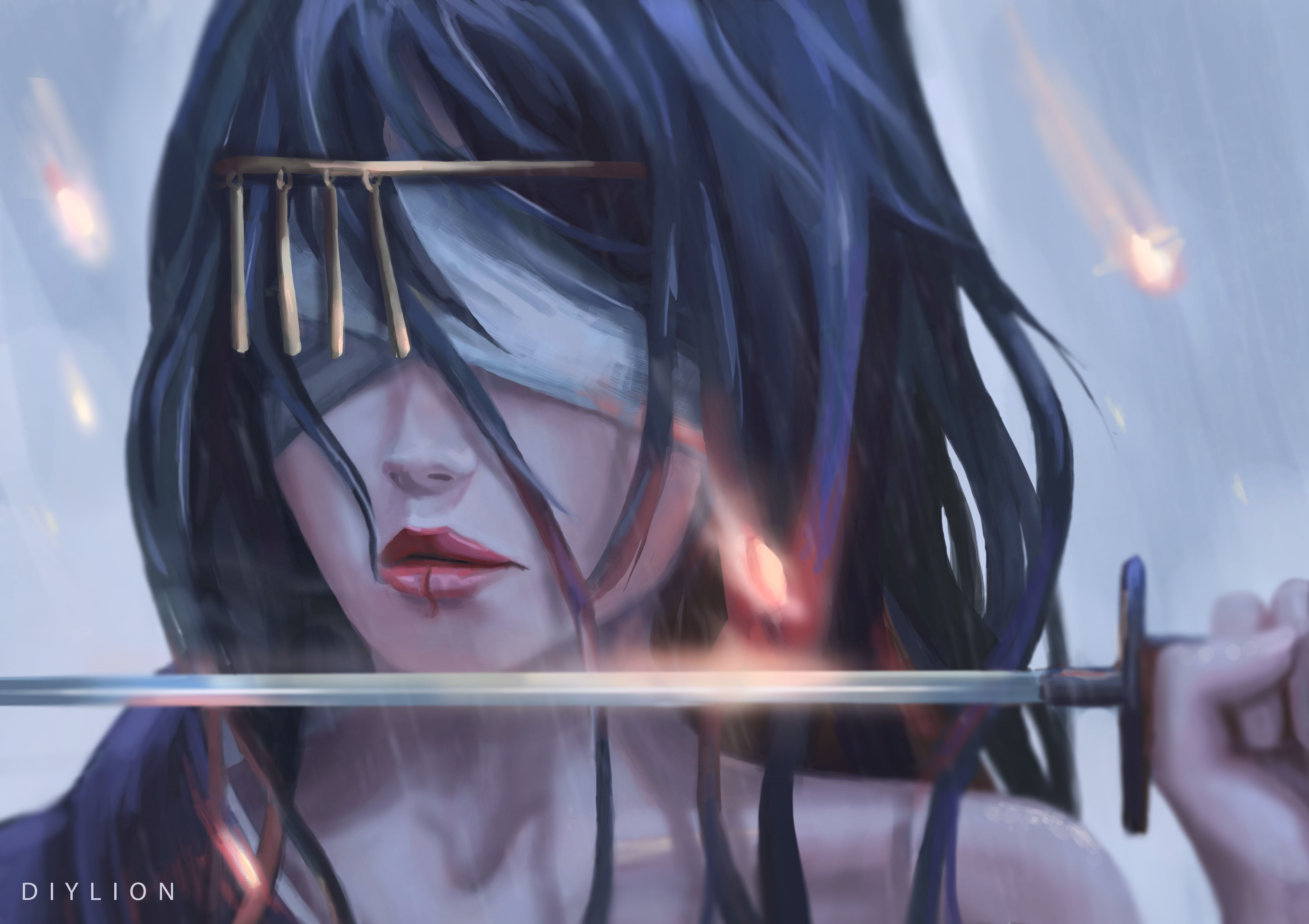 General 4250x3000 sword bandages black hair long hair women digital art