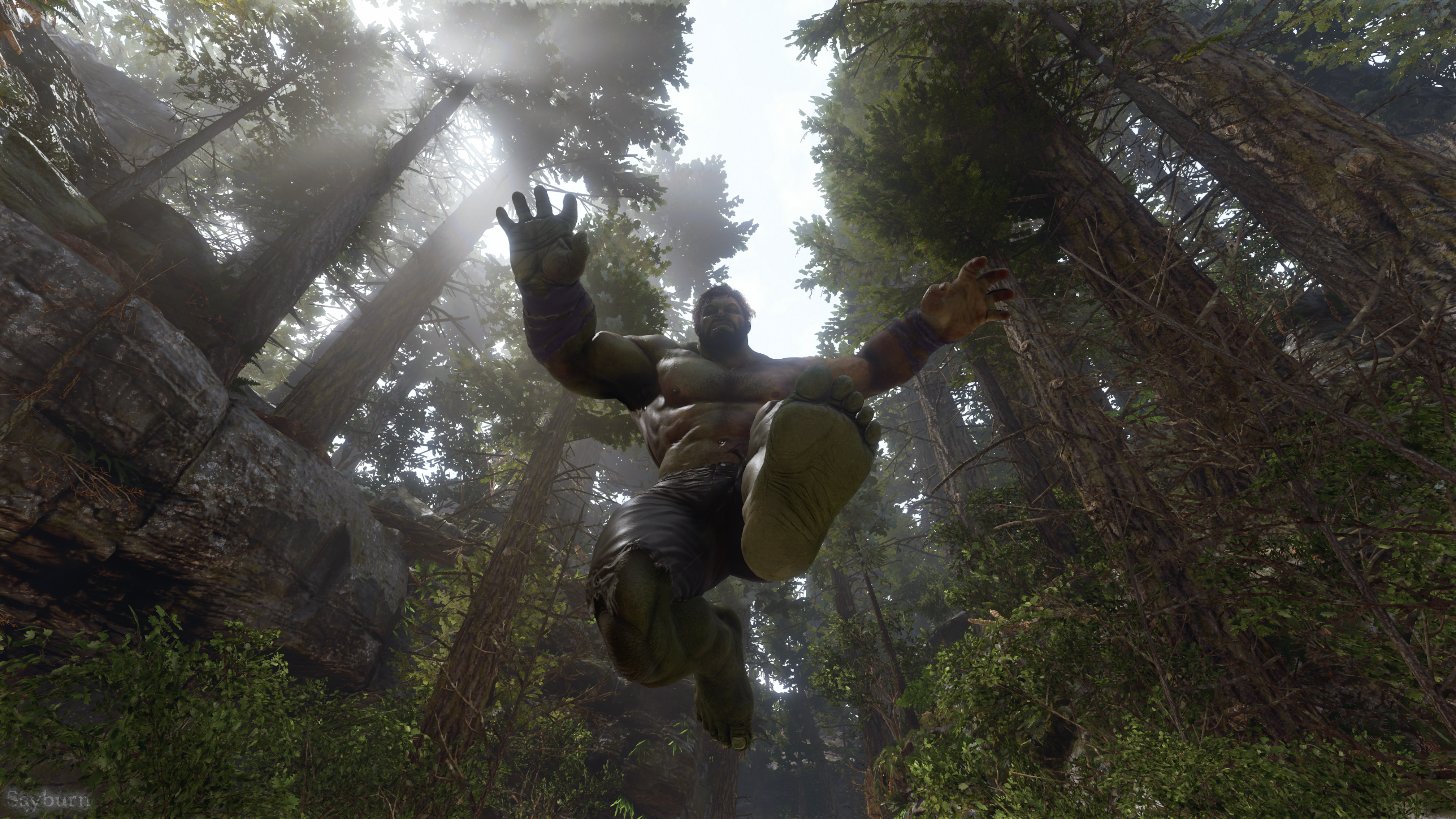 superhero, jumping, worm's eye view, forest, leaves, screen shot