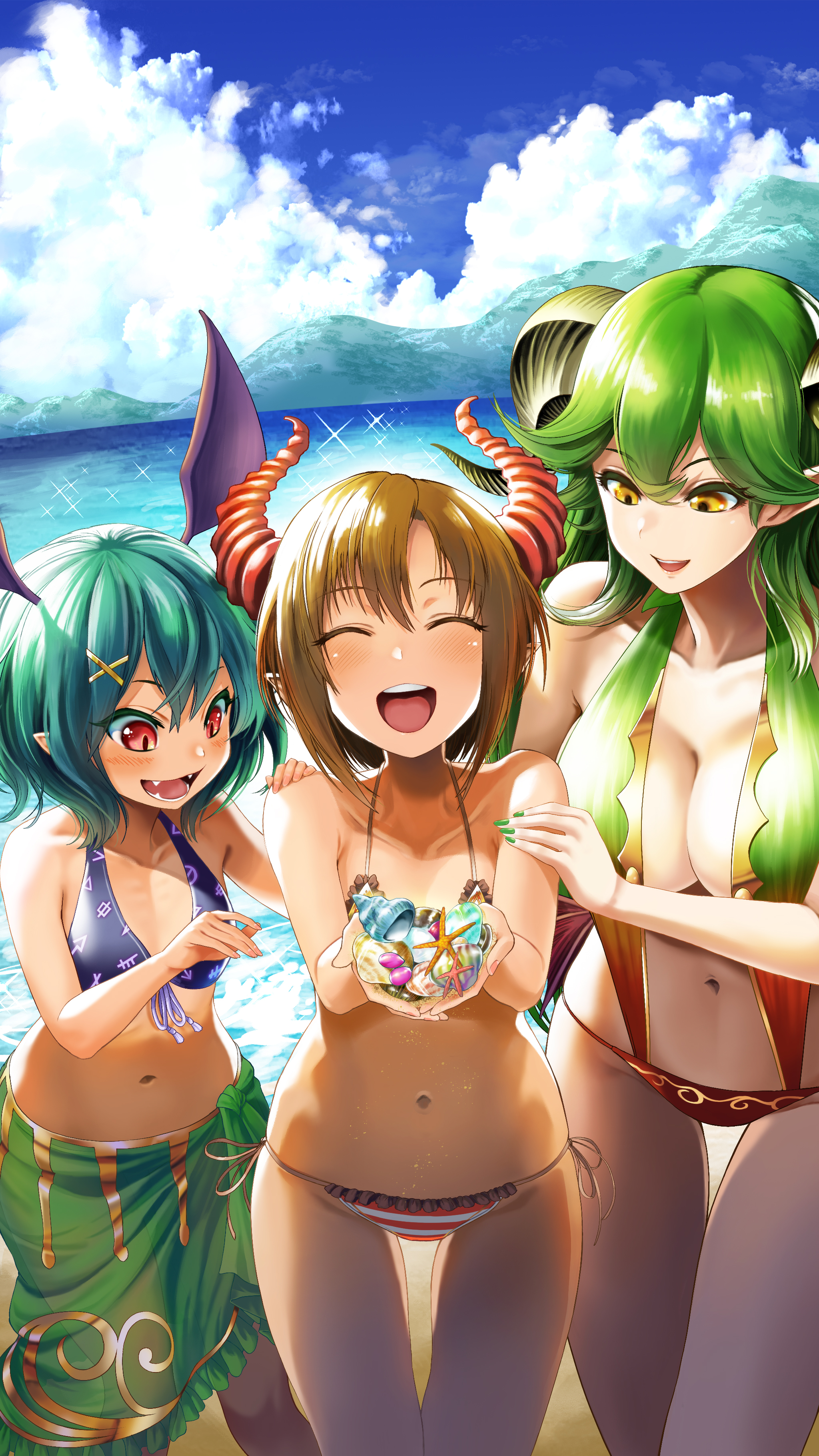 Anime 2048x3642 Grand Summoners Mobile Game anime girls horns swimwear bikini beach