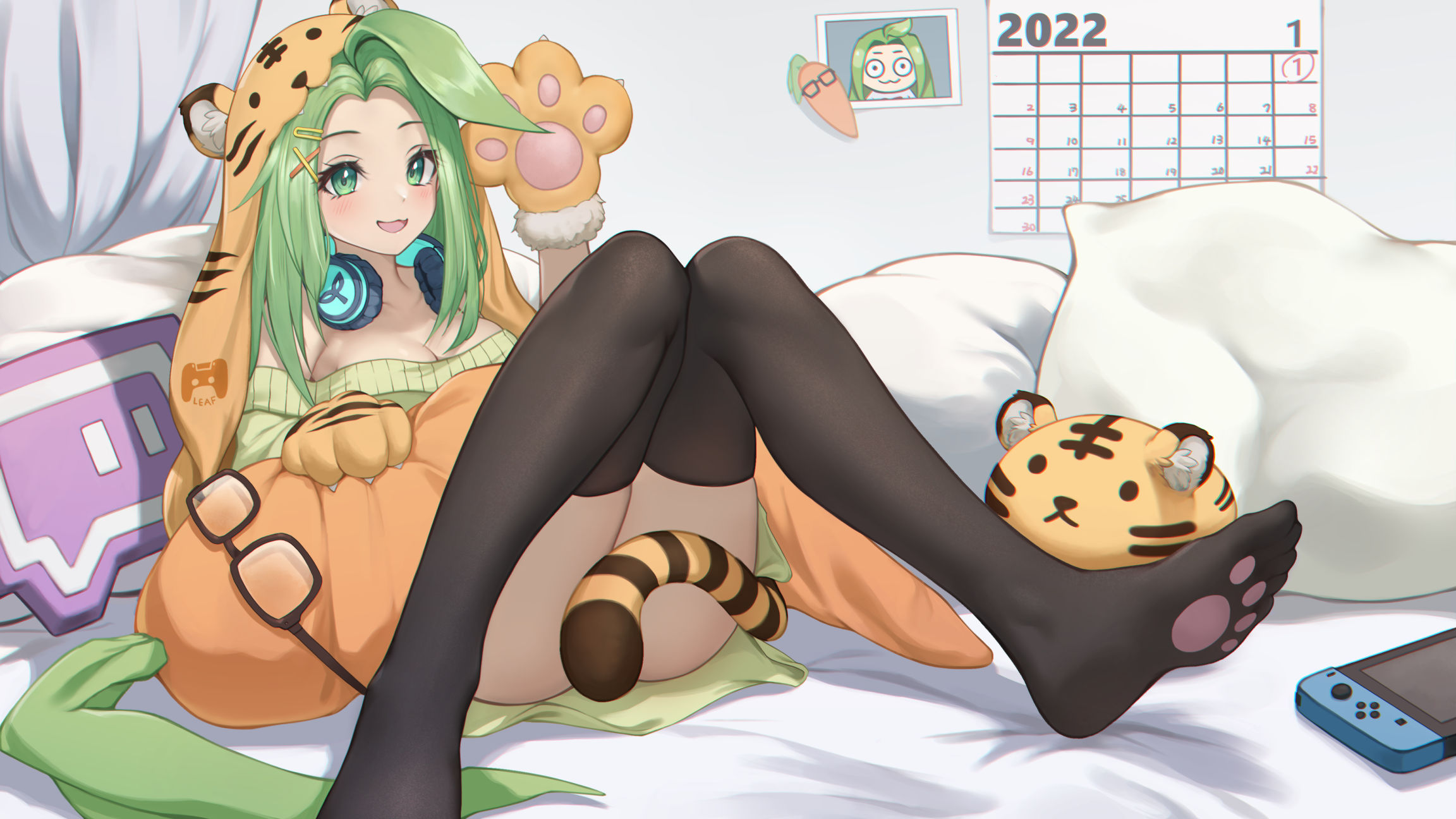 Anime 2304x1296 anime girls black stockings green hair green eyes hoods in bed artwork Miso headphones