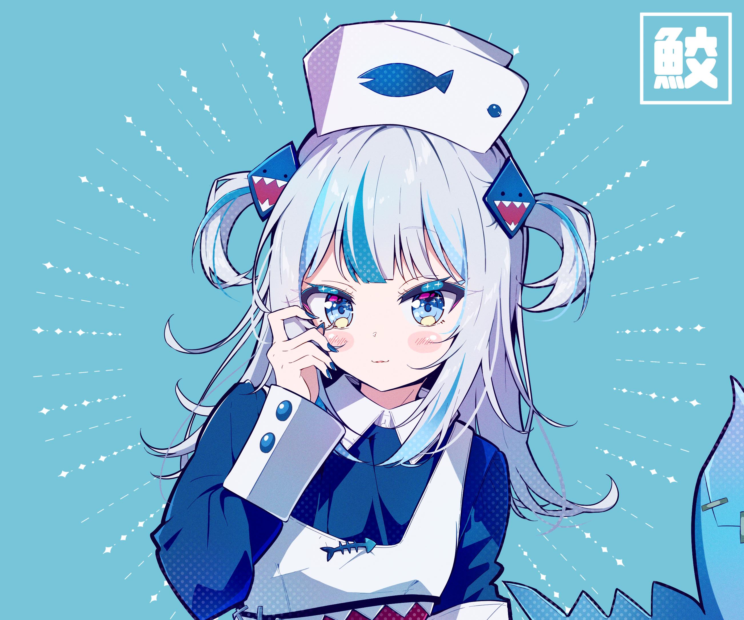 Anime 2604x2170 Virtual Youtuber Gawr Gura blue background white hair blue eyes nurse outfit smiling long hair looking at viewer Hololive