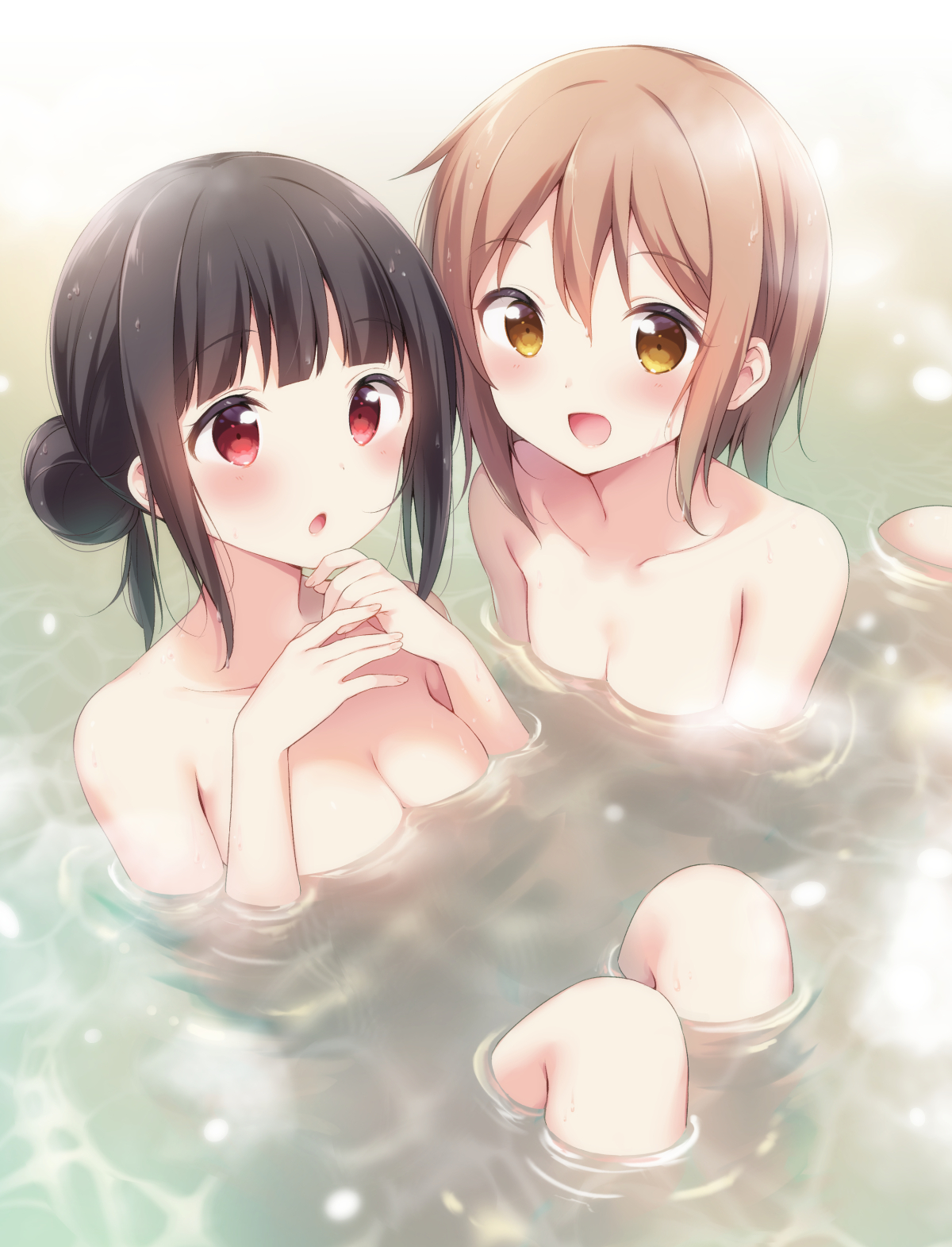 Anime 1200x1571 anime girls boobs red eyes yellow eyes bathing nude dark hair brunette artwork Haduki lesbians yuri