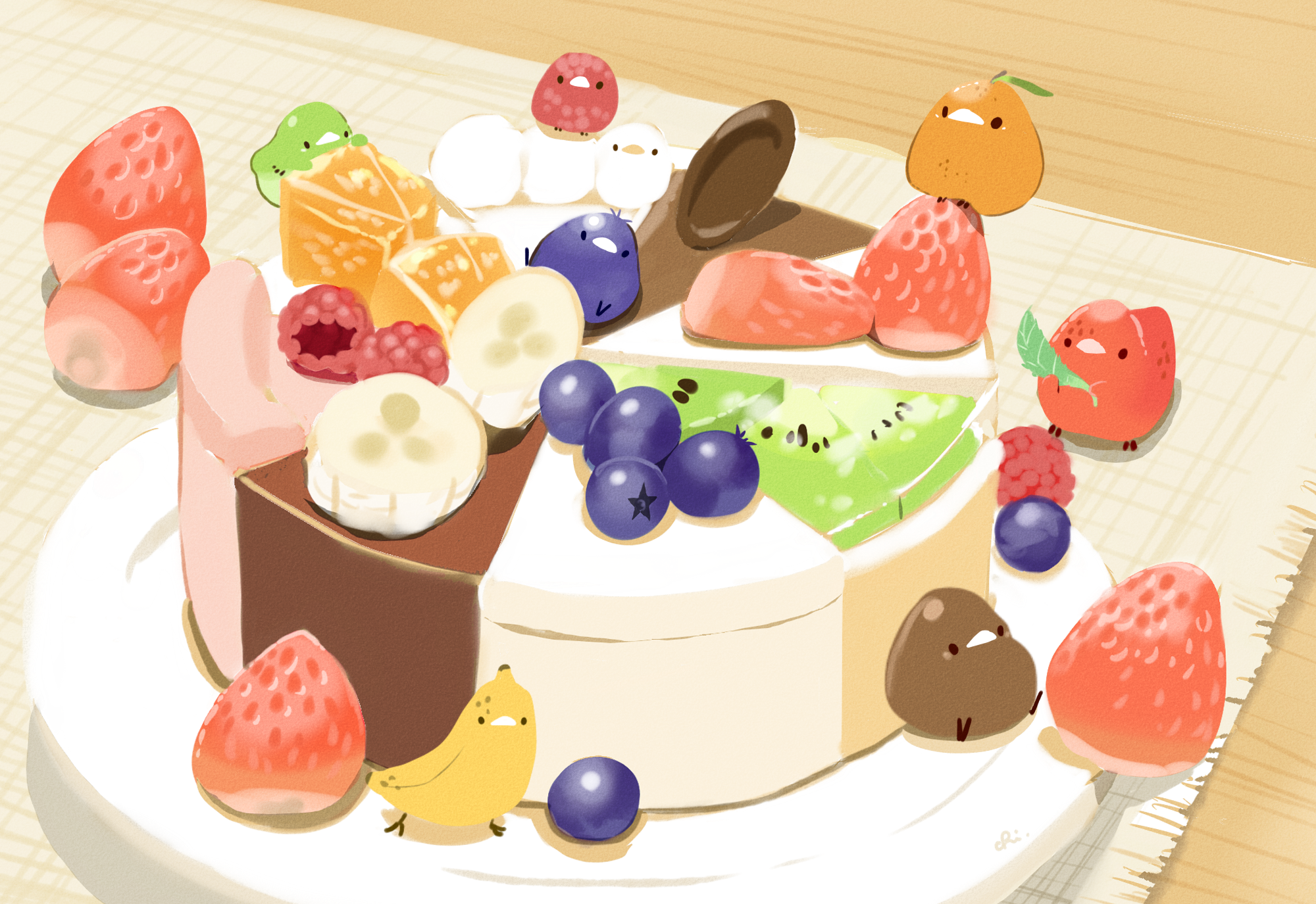 Anime 2000x1375 anime food strawberries fruit cake blueberries pineapples birds raspberries bananas kiwi (fruit)