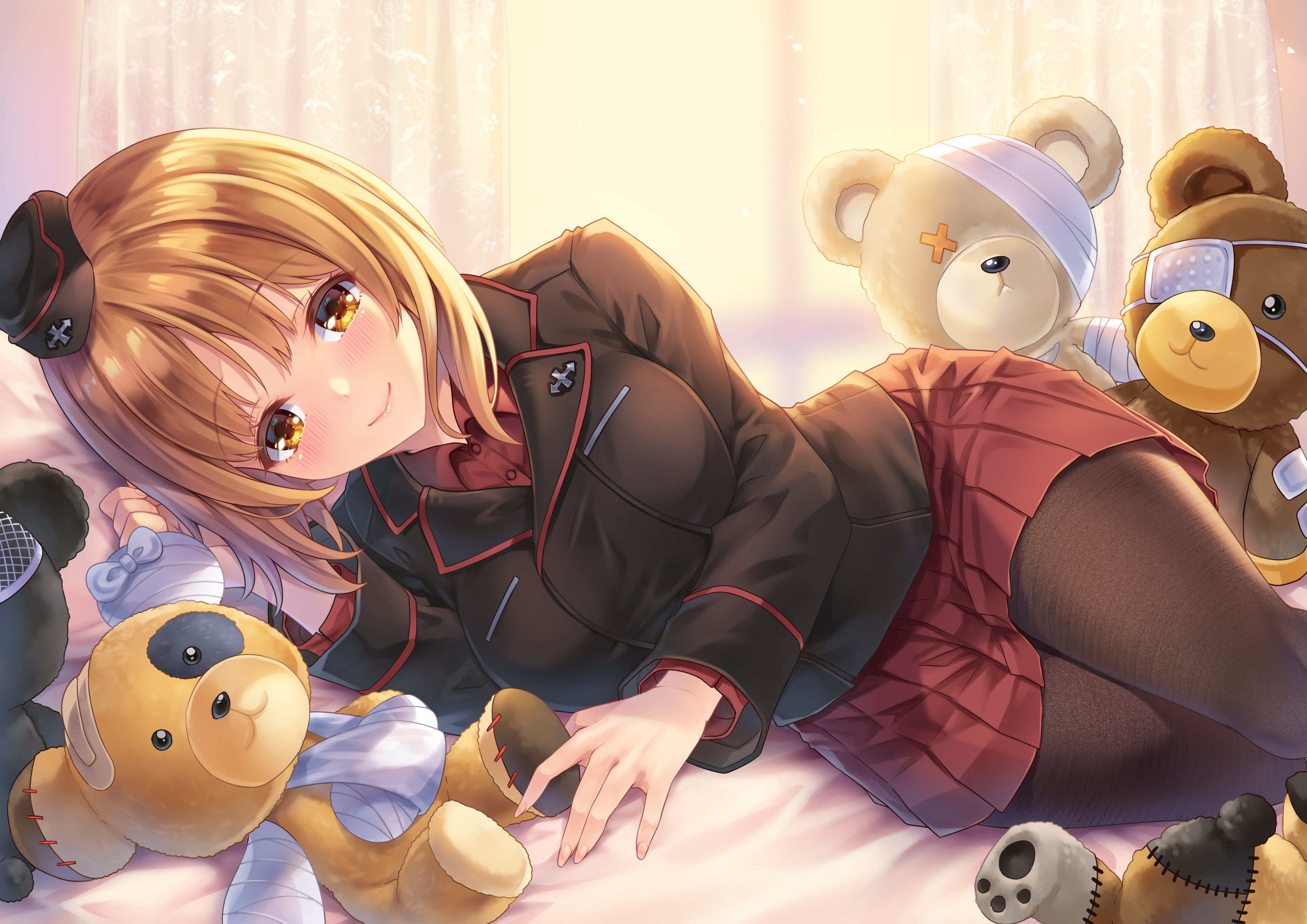 Anime 4093x2894 Girls und Panzer Nishizumi Miho anime anime girls hat plush toy teddy bears smiling skirt looking at viewer