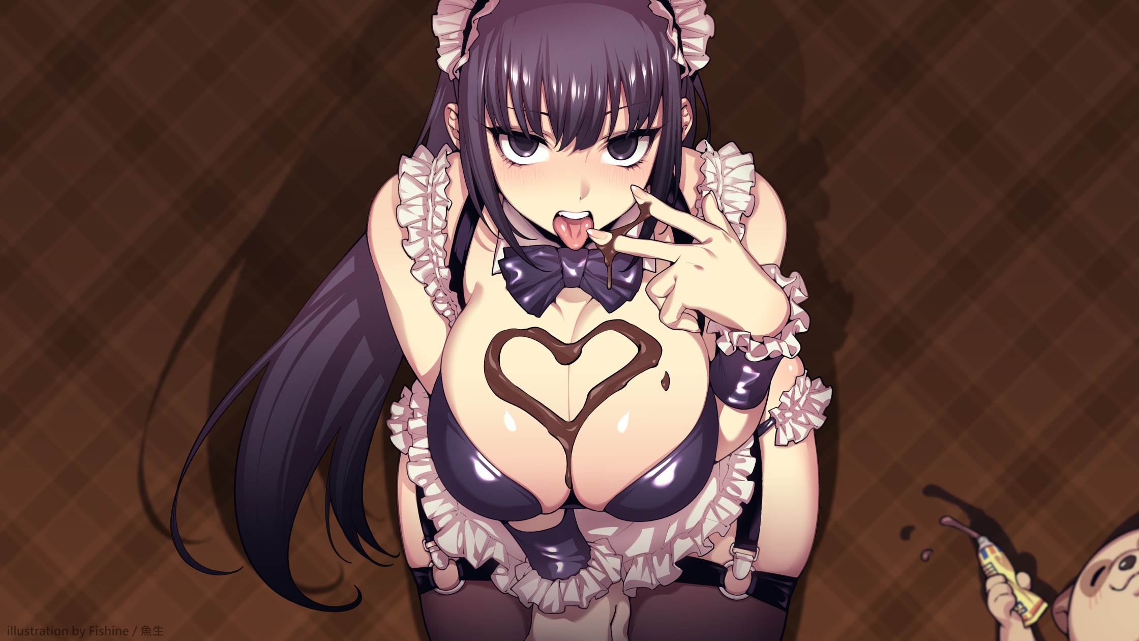 Anime 2240x1260 anime anime girls boobs big boobs huge breasts tongues tongue out purple hair long hair curvy chocolate food sweets watermarked top view