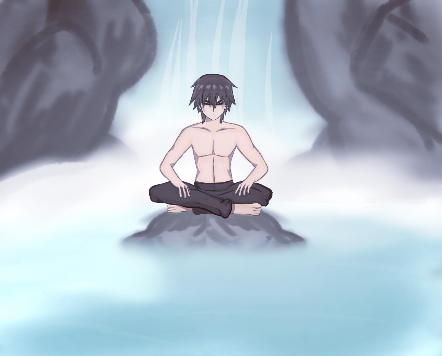 Anime 1728x1393 Scissor Seven waterfall meditation digital art