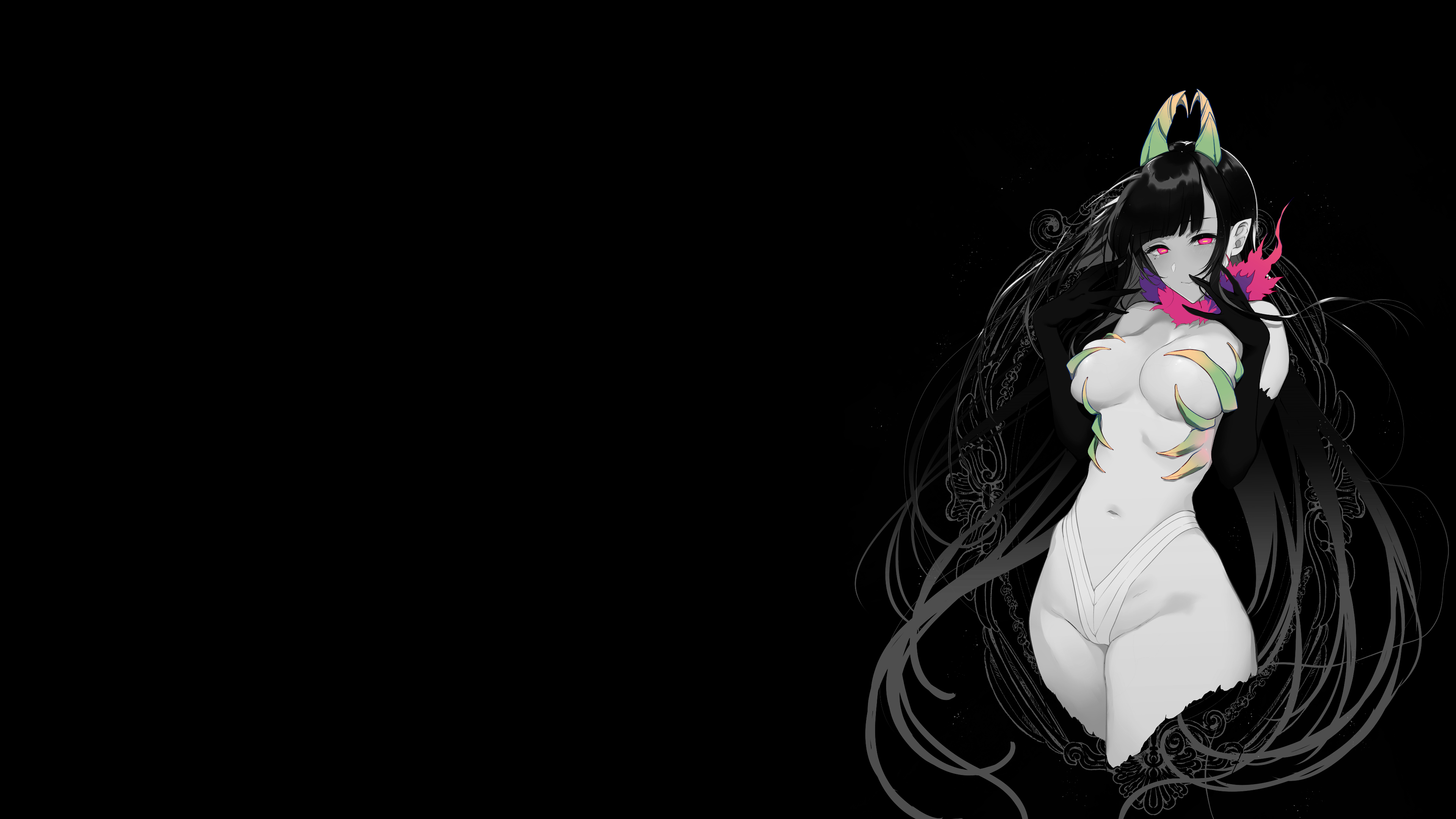 Anime 3840x2160 dark background cleavage horns belly button long hair bare midriff Ane Naru Mono Chiyo Pochi black background selective coloring gloves simple background thighs anime girls minimalism crotch floss pointy ears demon scarf skinny moles mole under eye closed mouth smiling slim body big boobs