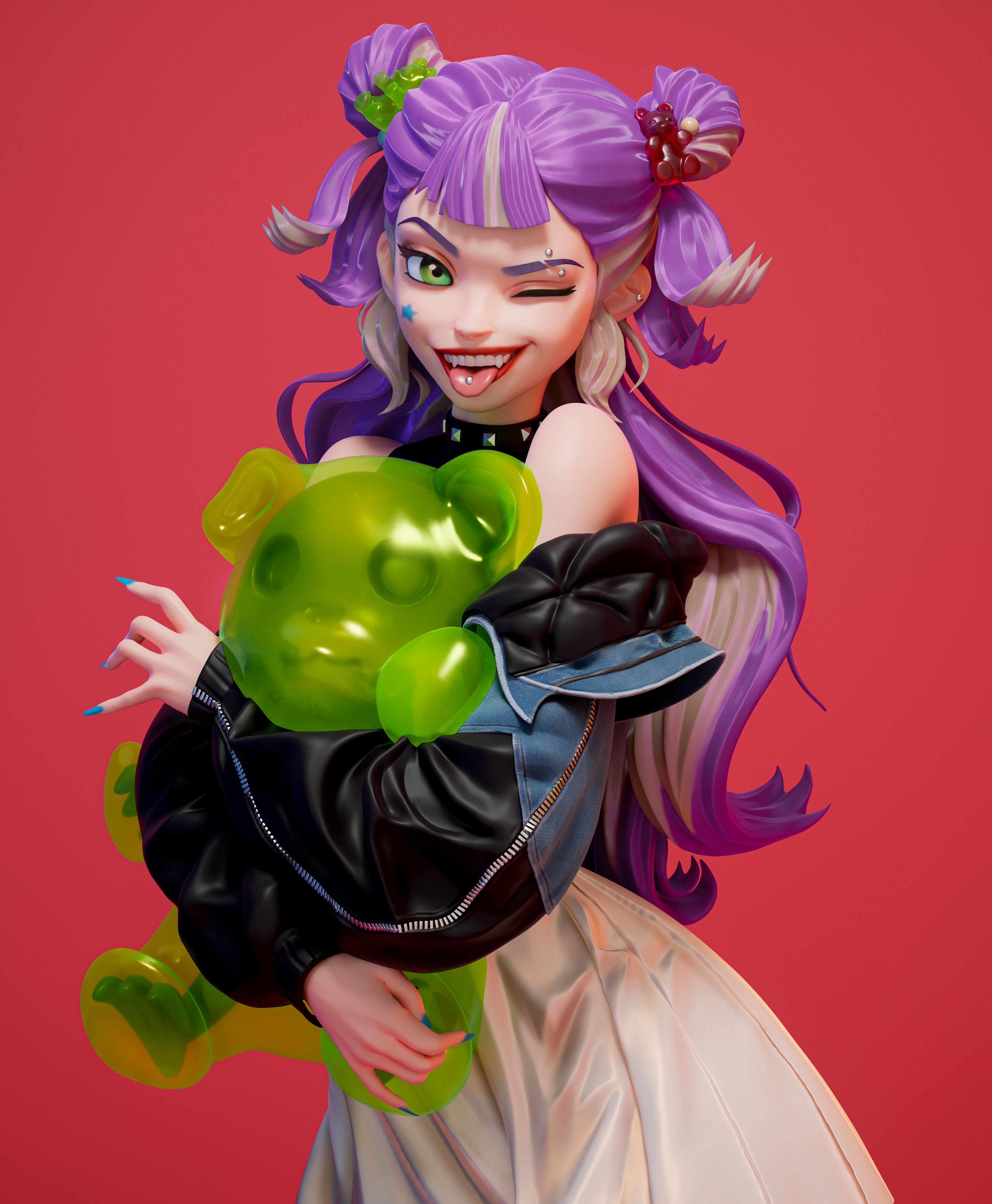 General 3840x4662 ArtStation twintails tongue out one eye closed red background CGI portrait display hugging teddy bear