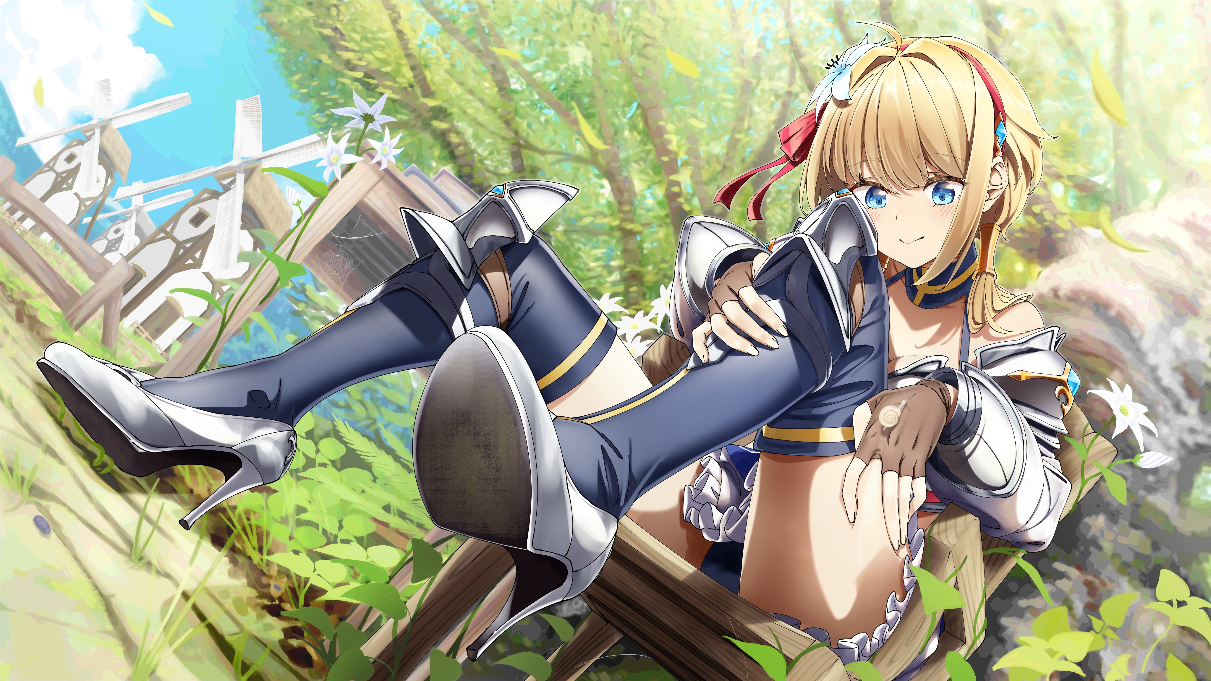 Anime 4096x2304 Shinomu (CinoMoon) anime anime girls heels sitting blonde thighs low-angle panties plants trees thigh-highs ponytail shoe sole closed mouth sunlight leaves frills