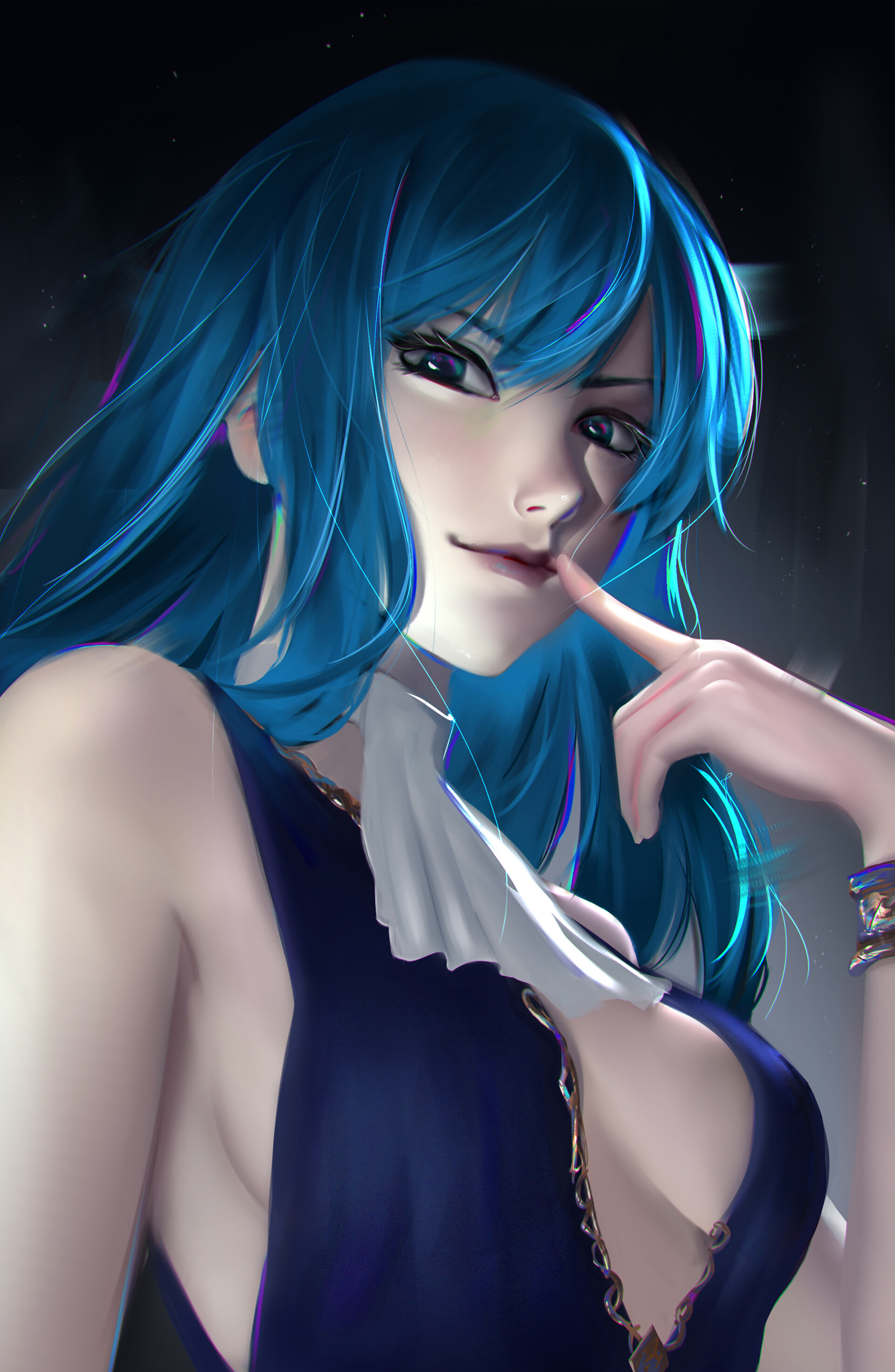 General 1920x2944 artwork women blue hair anime finger on lips bracelets bangs looking at viewer blue eyes