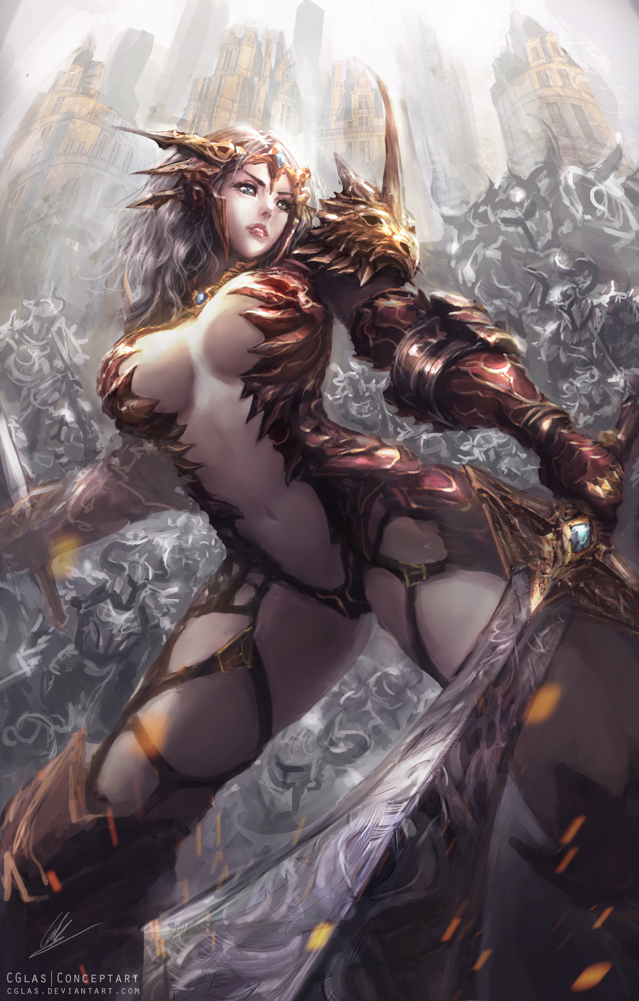 Anime 2044x3200 warrior female warrior armor sword cglas women artwork low-angle dual wield fantasy art bikini armor fantasy armor boobs big boobs belly belly button thighs skimpy clothes fighting focused tower parted lips standing cleavage portrait display watermarked