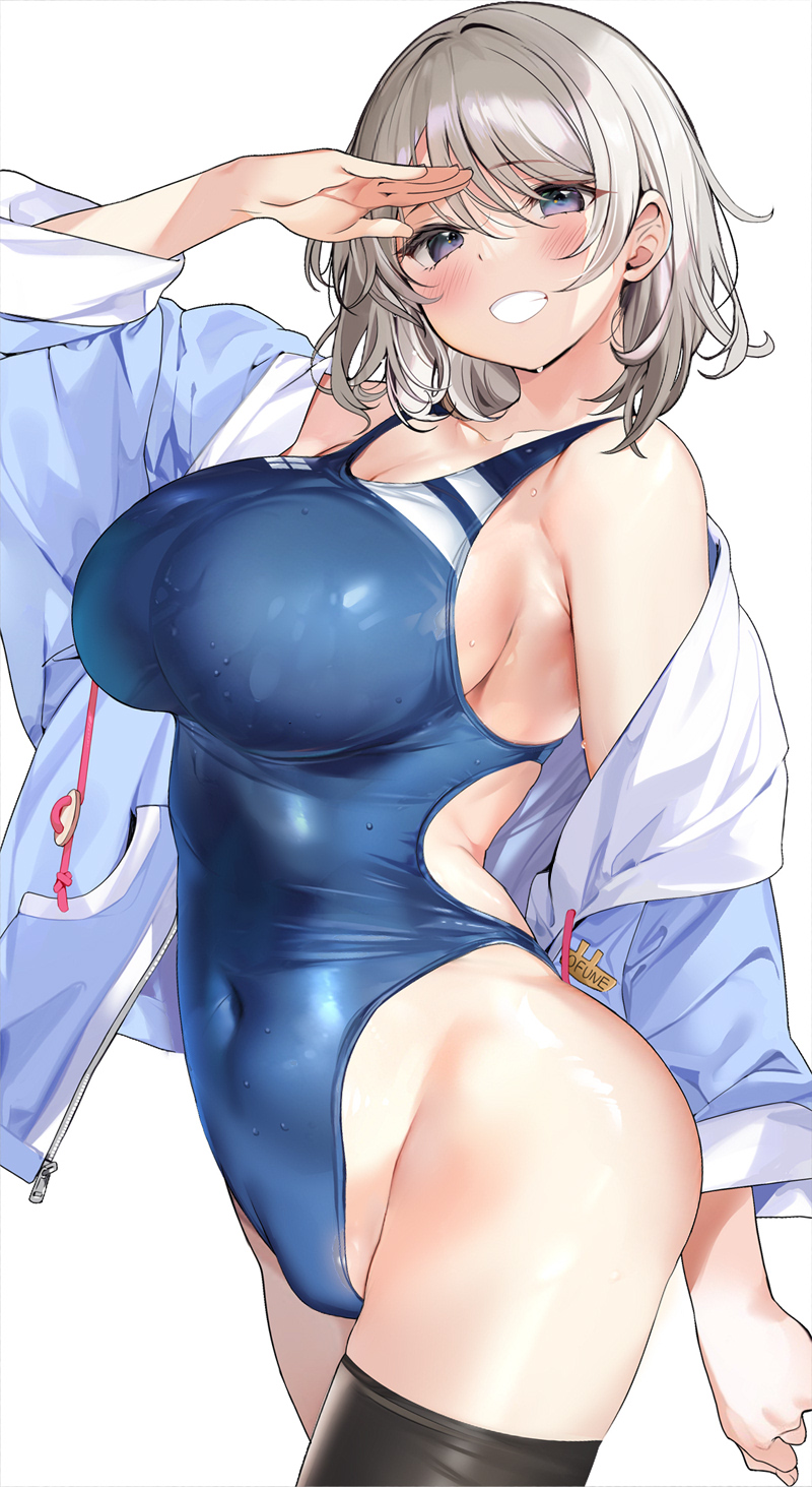 Anime 800x1463 anime anime girls big boobs huge breasts swimwear smiling wet body open jacket one-piece swimsuit short hair silver hair Love Live! Watanabe You Marushin artwork