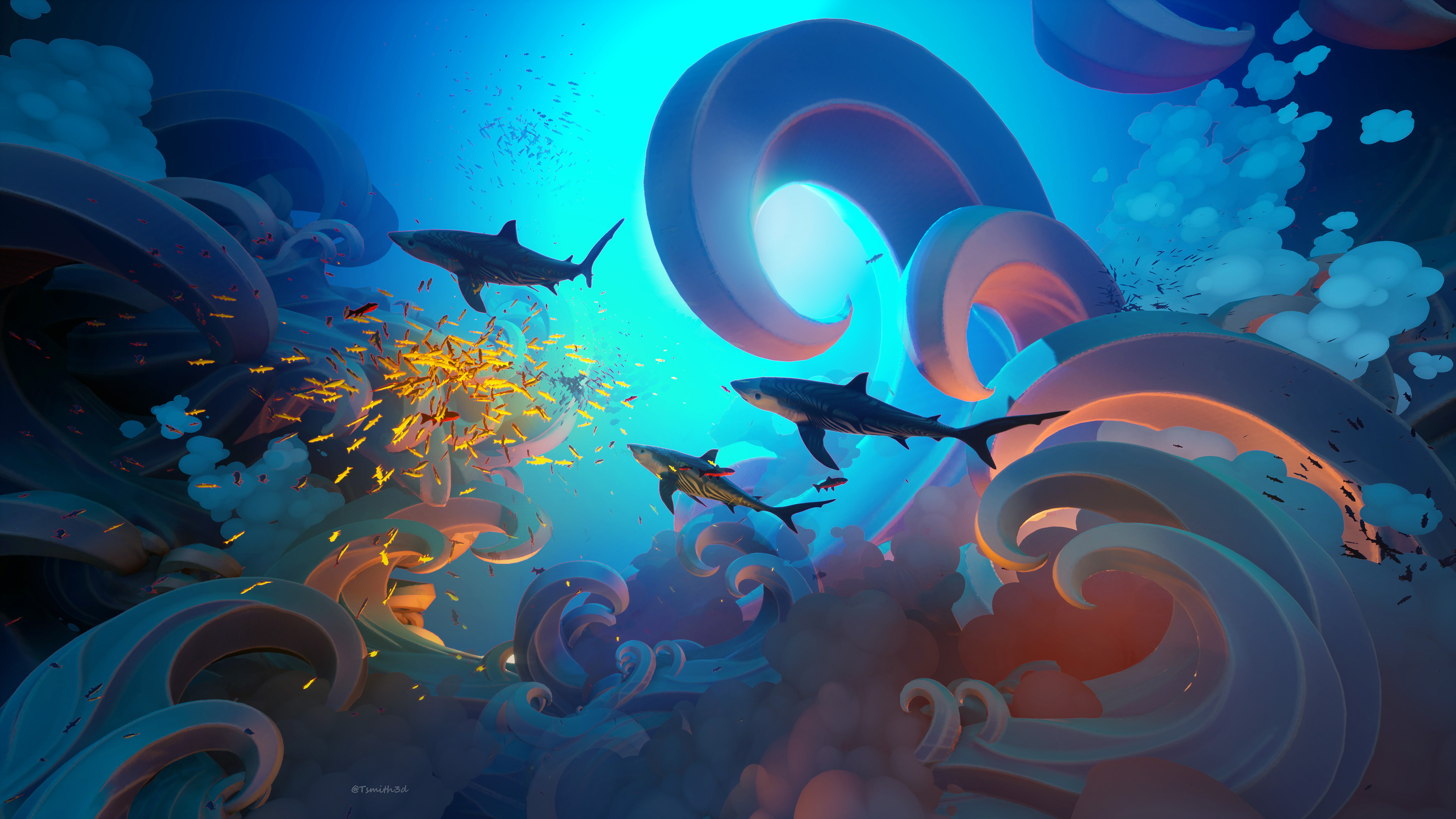 General 3840x2160 Tyler Smith digital art shark fish water underwater artwork 4K