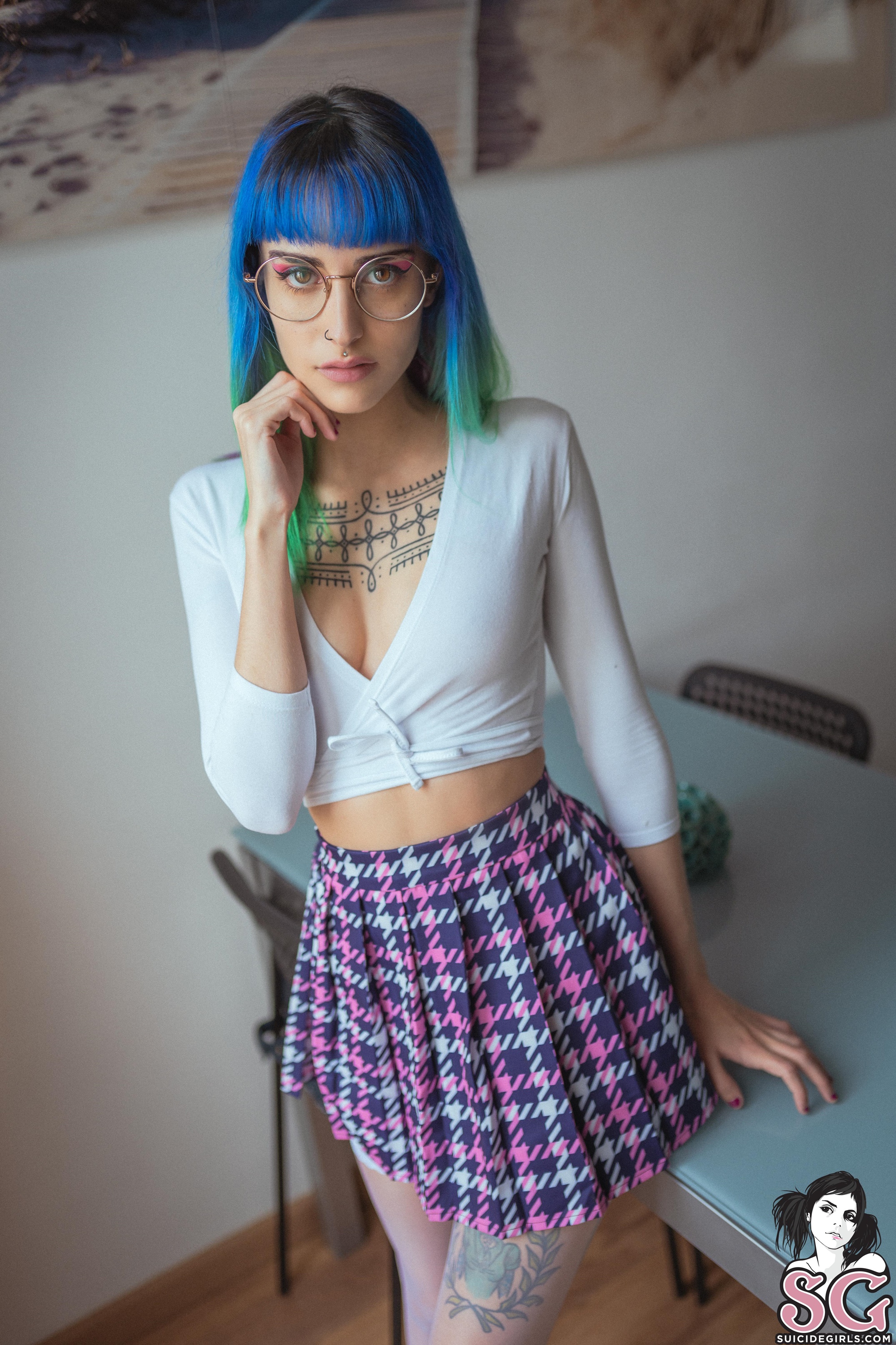 People 2150x3225 Suicide Girls women model Marshmallow Suicide tattoo portrait display dyed hair skirt high waisted brown eyes women with glasses looking at viewer tartan skirt