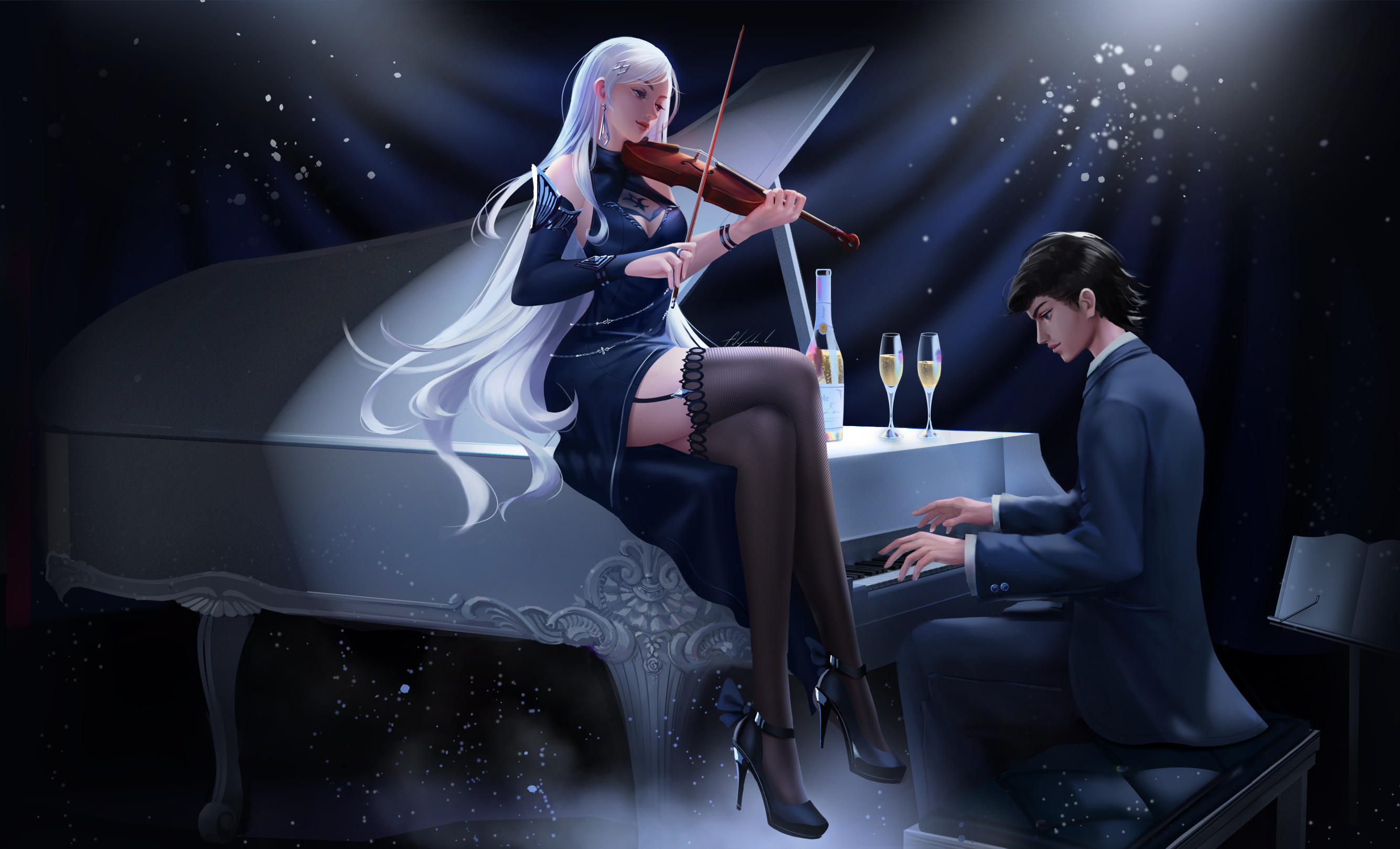 General 2669x1618 Alejandro Lara drawing women men piano playing violin champagne silver hair legs crossed dress suits