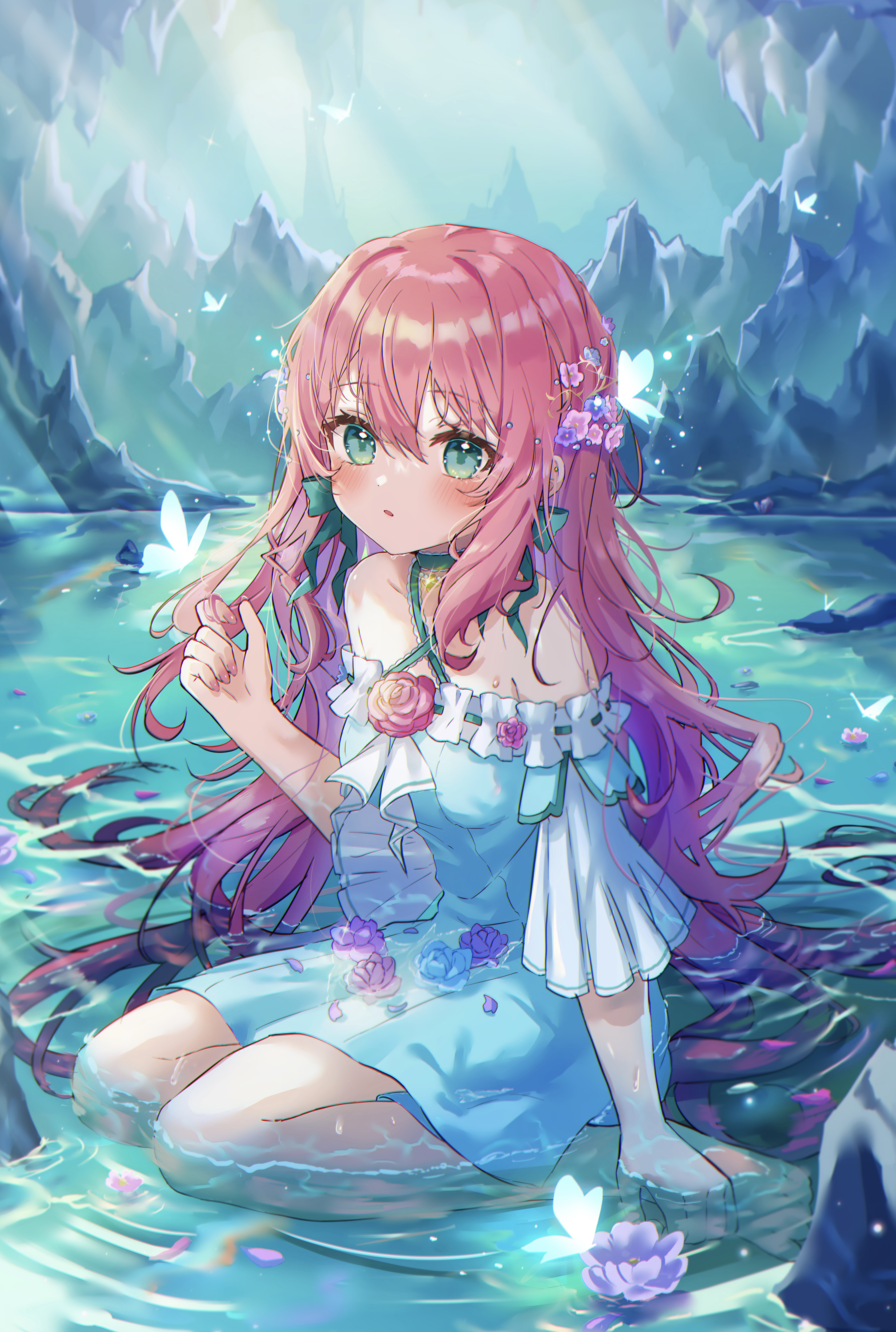 Anime 3233x4805 anime anime girls original characters solo artwork digital art fan art water butterfly long hair flower in hair