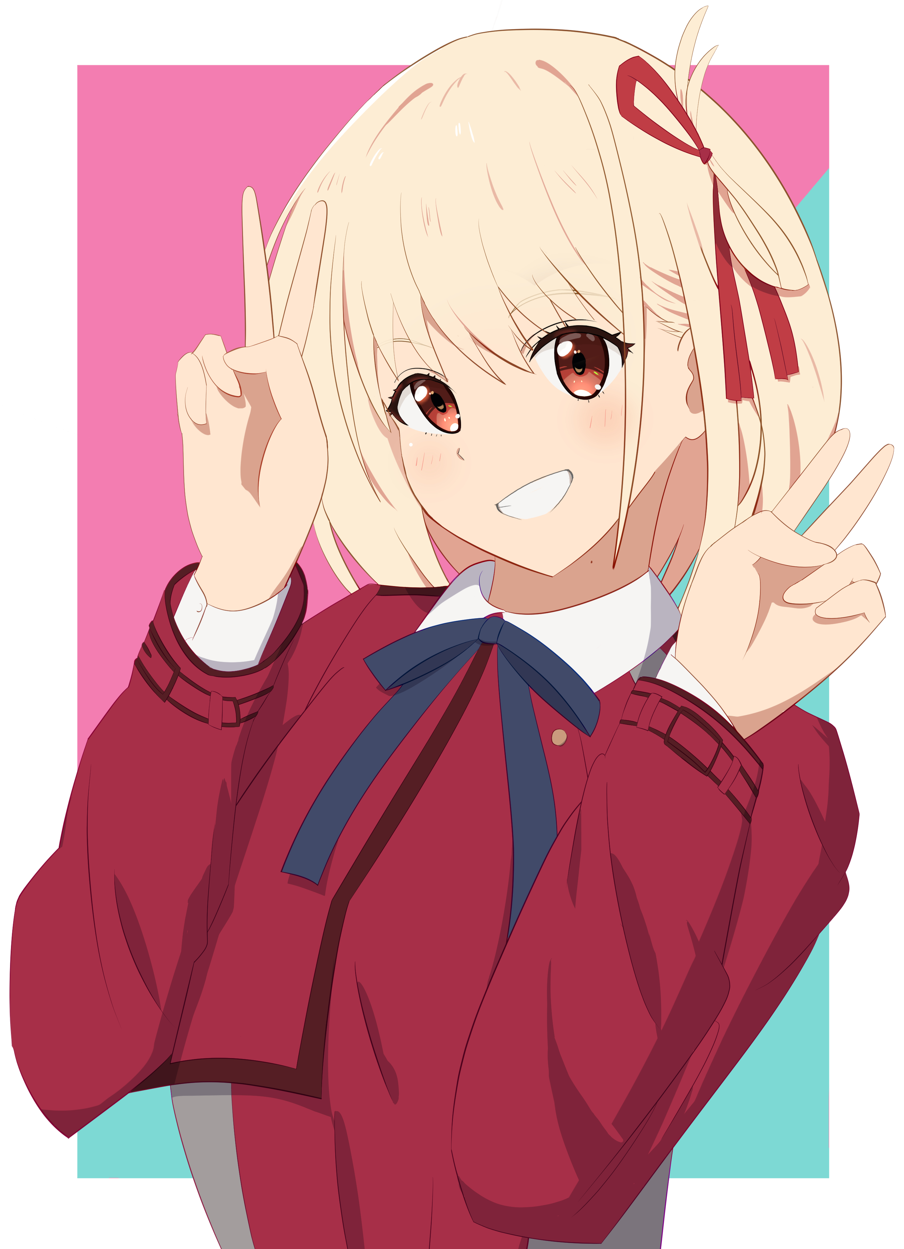 Anime 2894x3996 anime anime girls Lycoris Recoil Nishikigi Chisato blonde solo artwork digital art fan art hand gesture victory sign smiling long hair looking at viewer red eyes