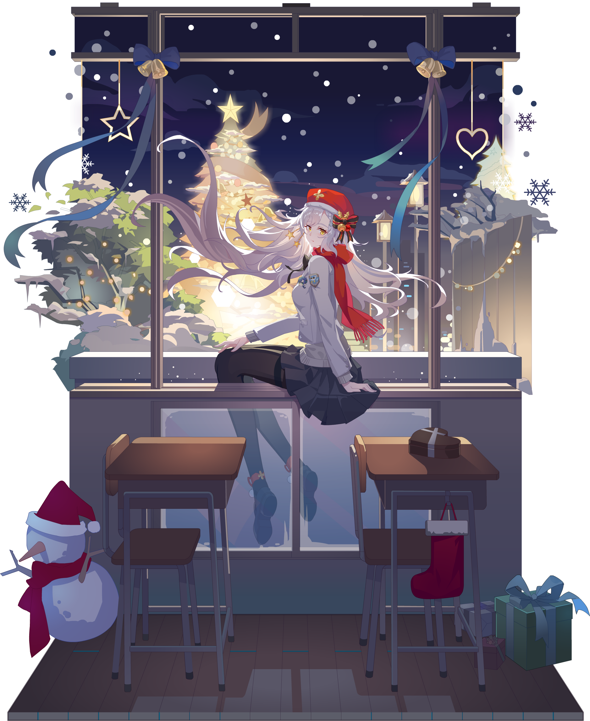 Anime 1877x2294 Aura star Christmas anime girls white hair yellow eyes hat Christmas tree snowman school uniform