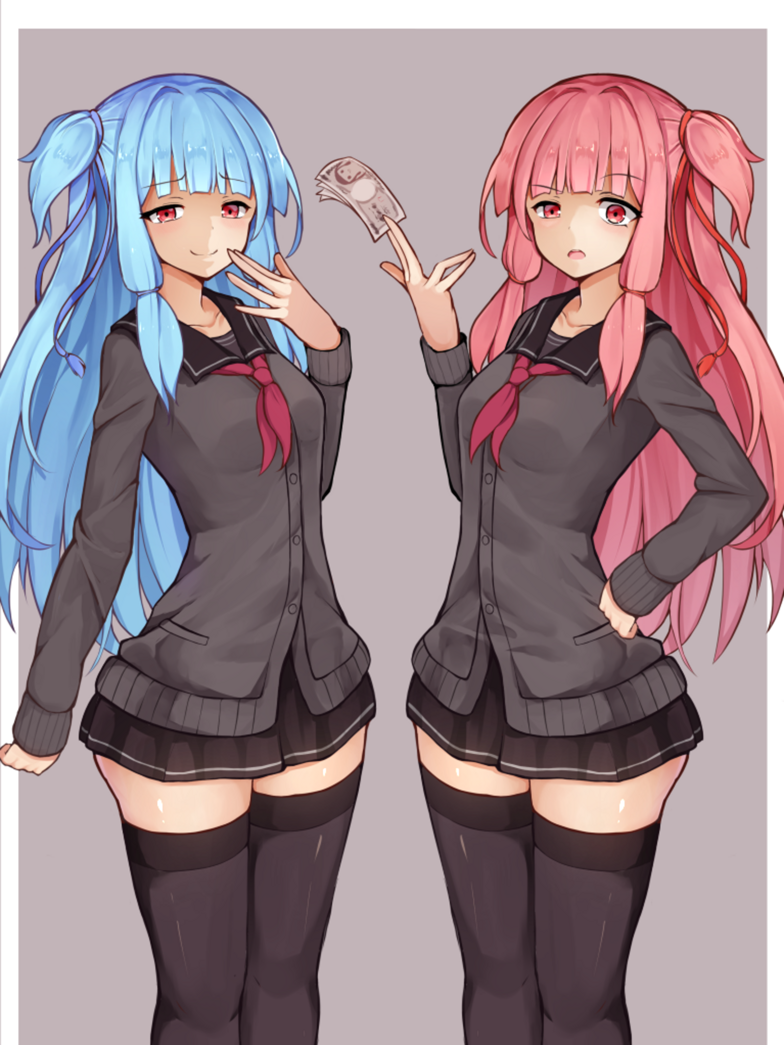 Anime 1534x2046 anime anime girls Voiceroid Kotonoha Akane Kotonoha Aoi long hair pink hair blue hair twins two women artwork digital art fan art