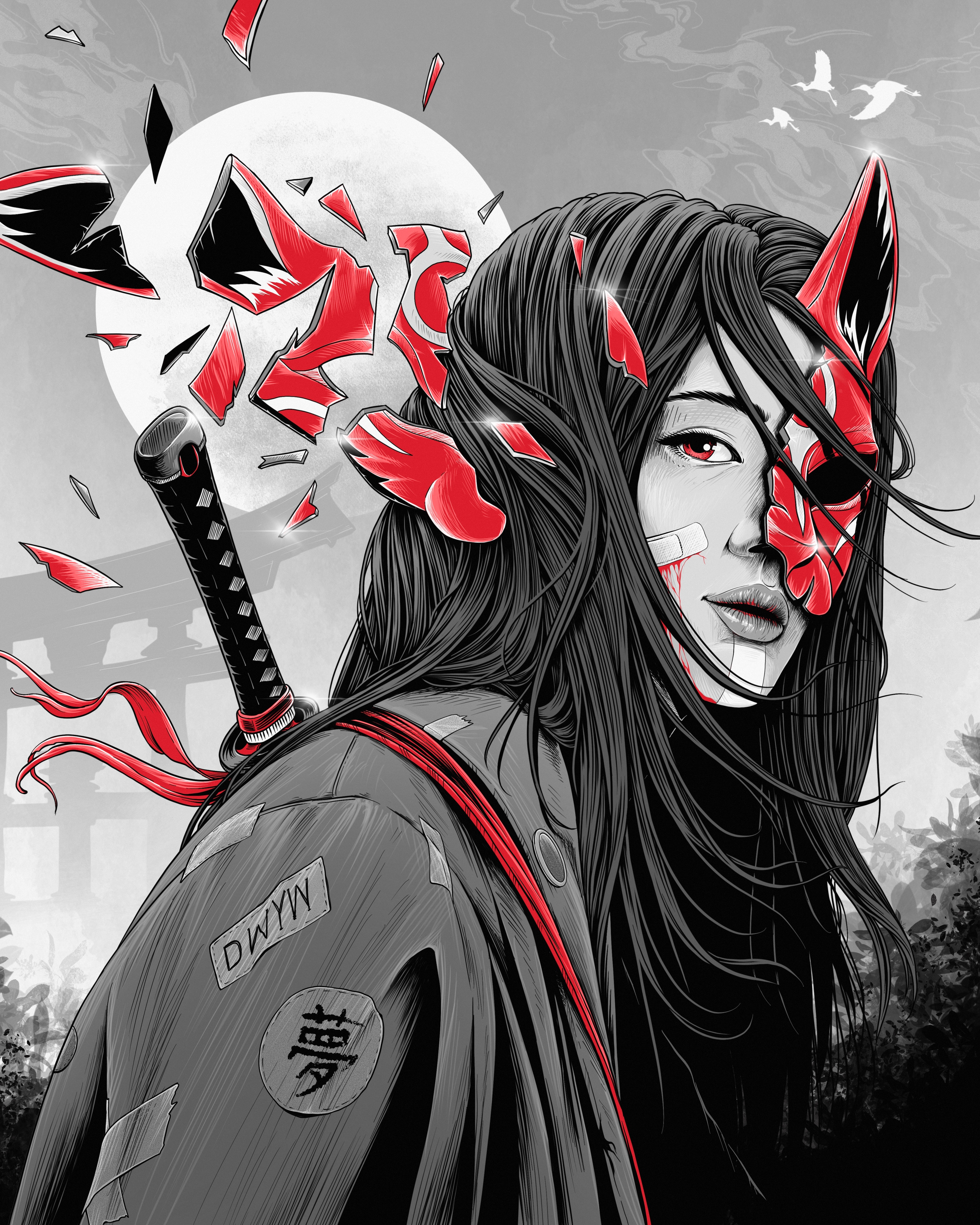 General 4000x5000 digital art artwork illustration drawing portrait red mask katana women abstract