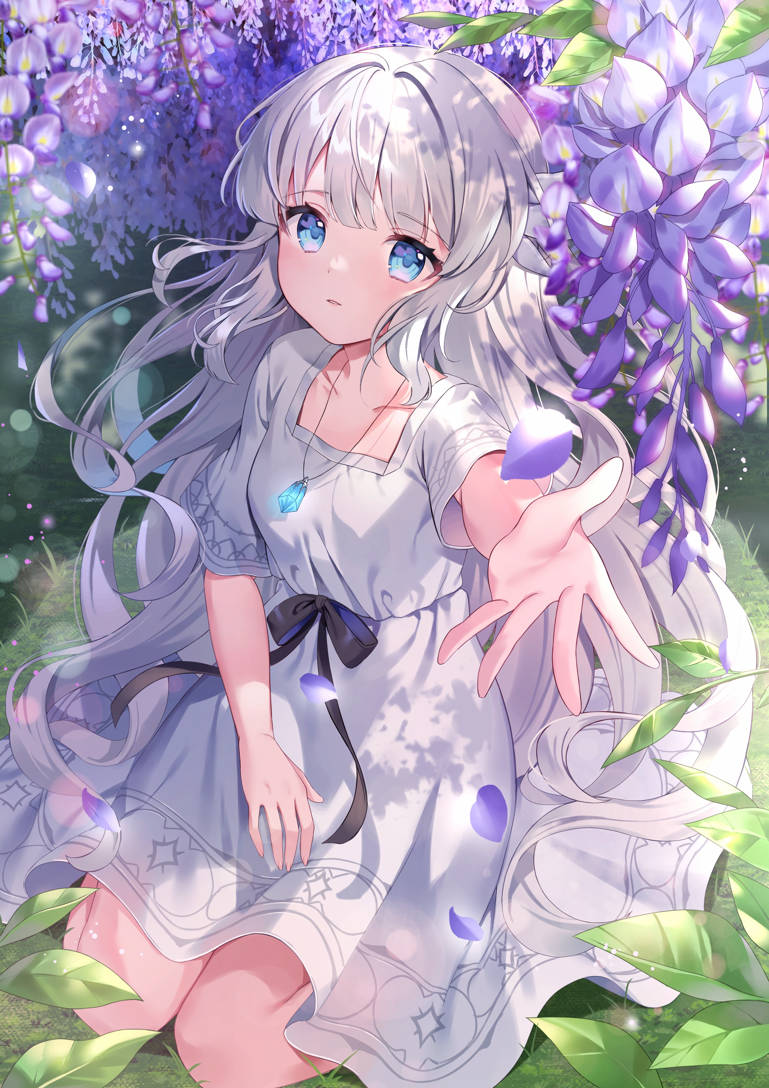 Anime 3039x4298 anime girls white hair silver hair blue eyes flowers sitting dress necklace petals plants