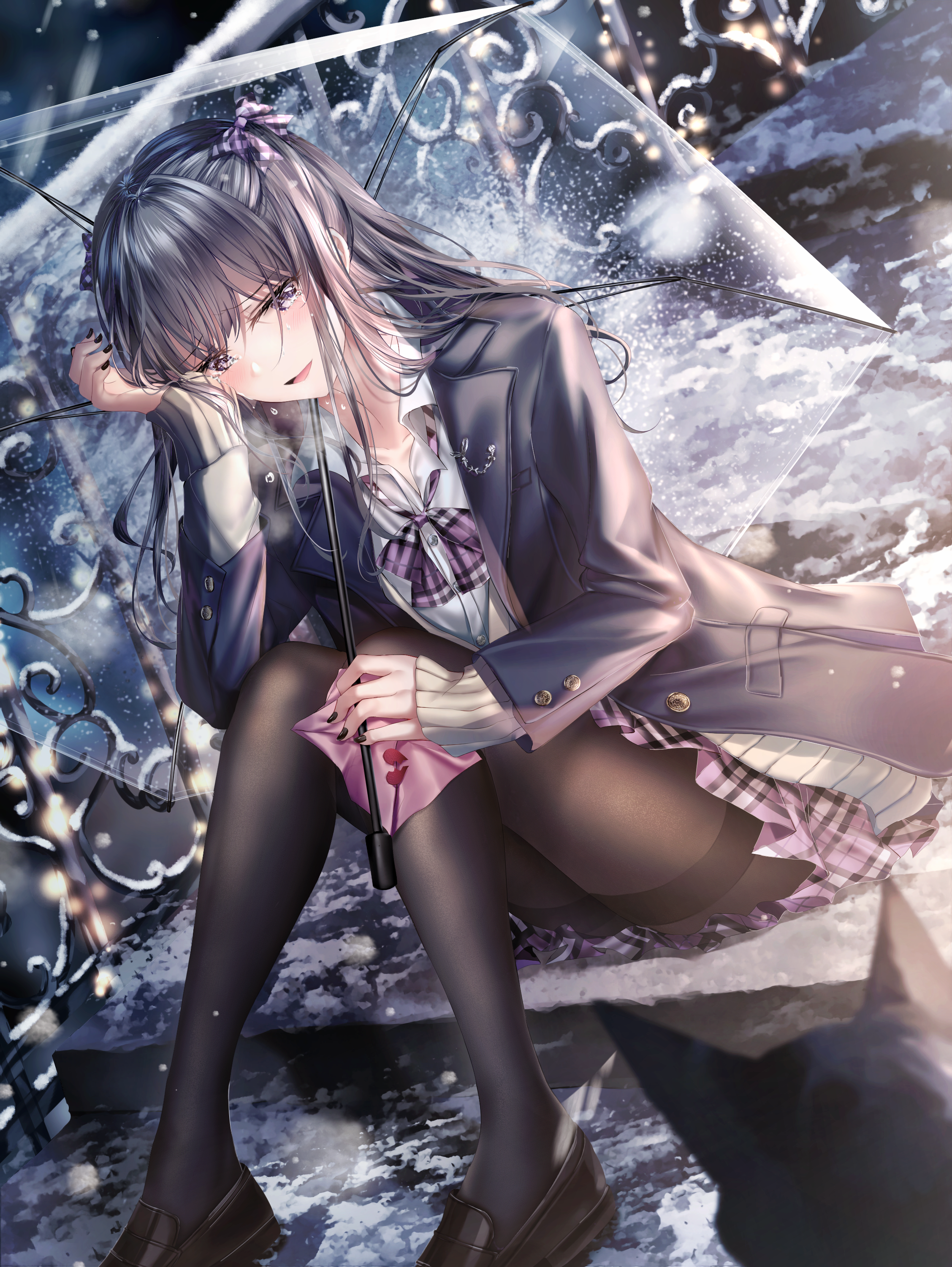 Anime 2255x3000 anime girls school uniform pantyhose umbrella cats tears crying artwork Junpaku Karen