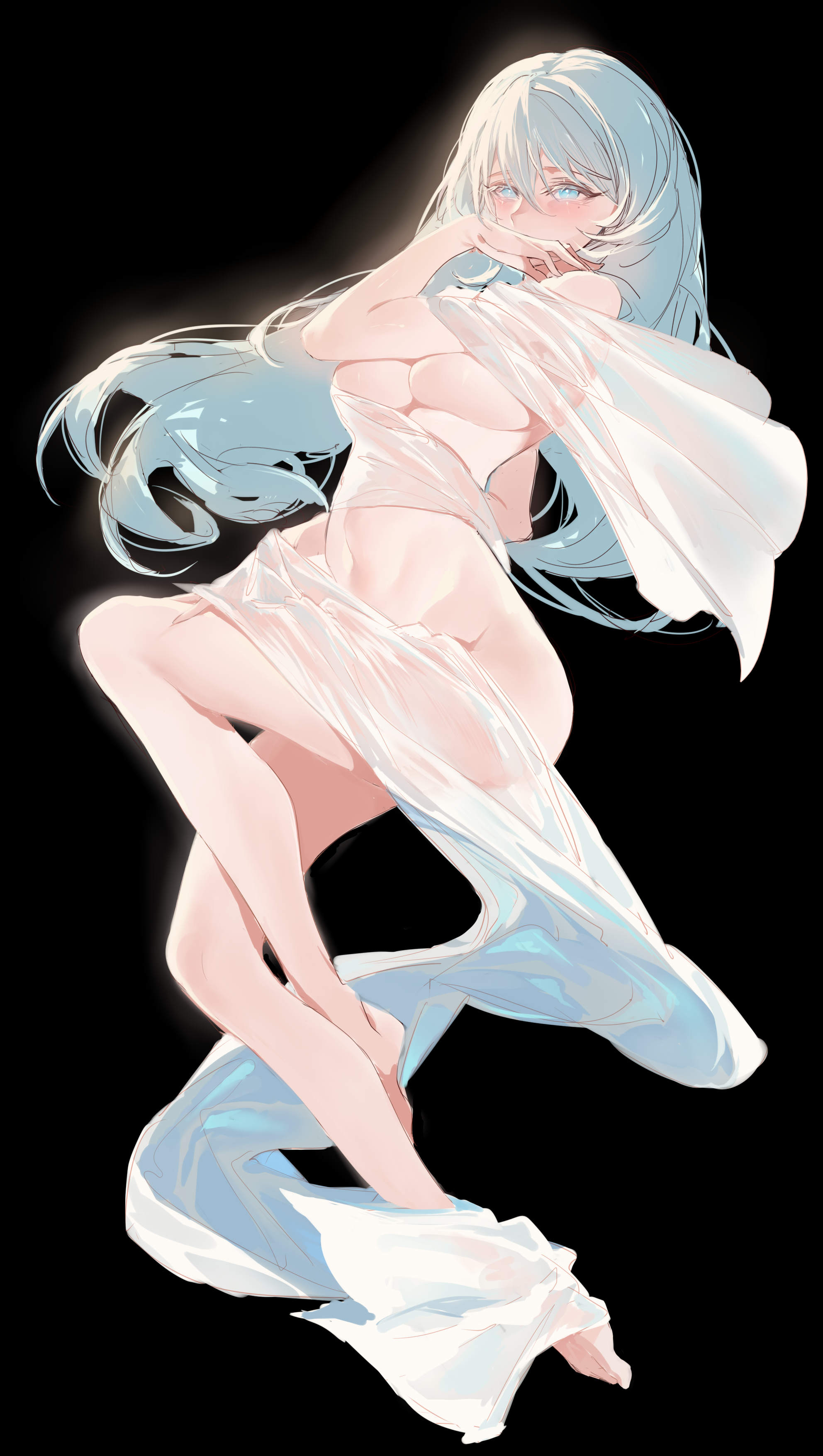 Anime 1984x3508 Horz anime girls white hair big boobs underboob blue hair blue eyes black background belly