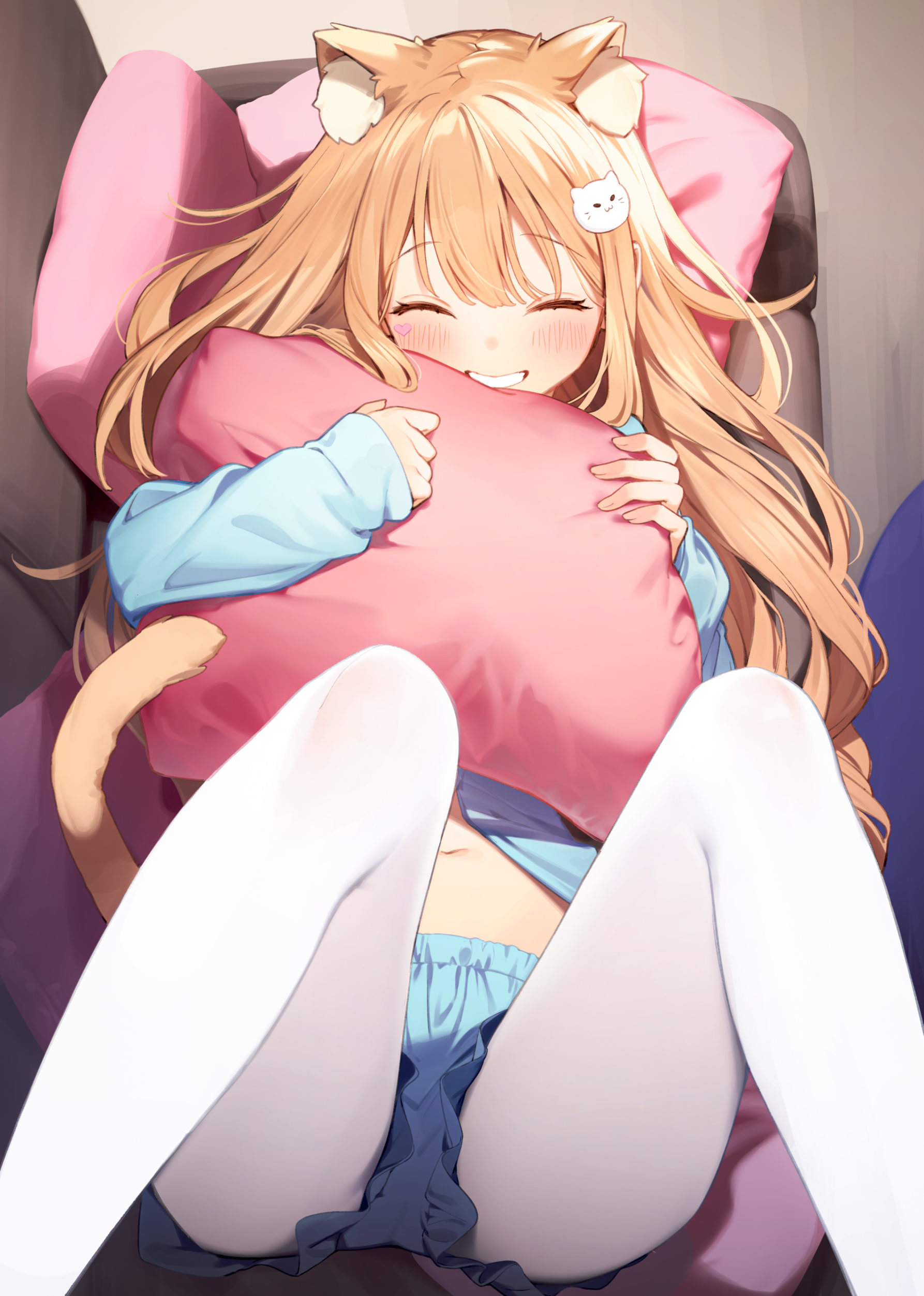Anime 1786x2505 anime anime girls Nyum Serori artwork cat girl blonde blushing smiling pillow hug lying on back legs up pantyhose