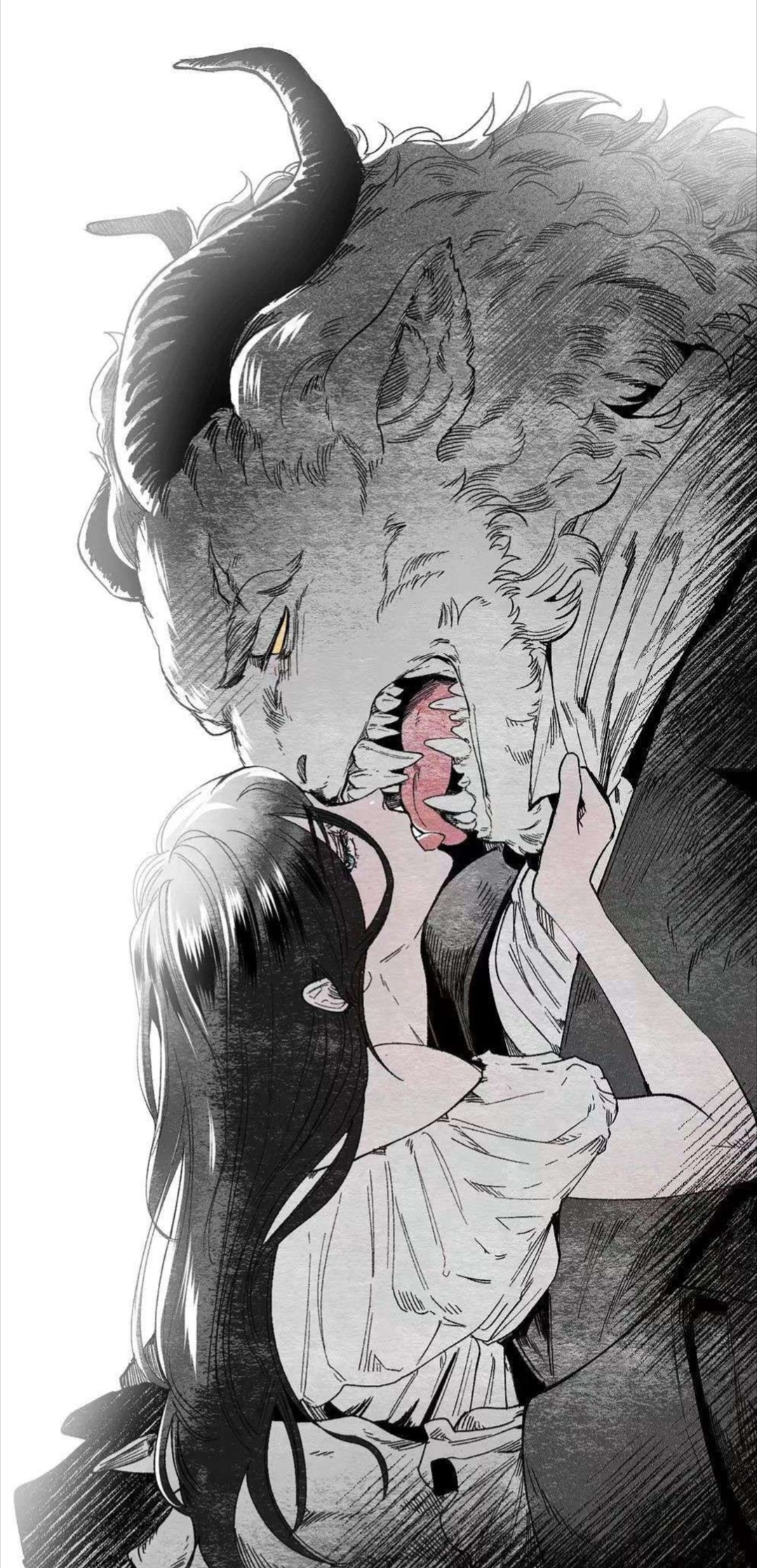 Anime 1079x2234 black hair Beast (character) Beauty and the Beast kissing creature