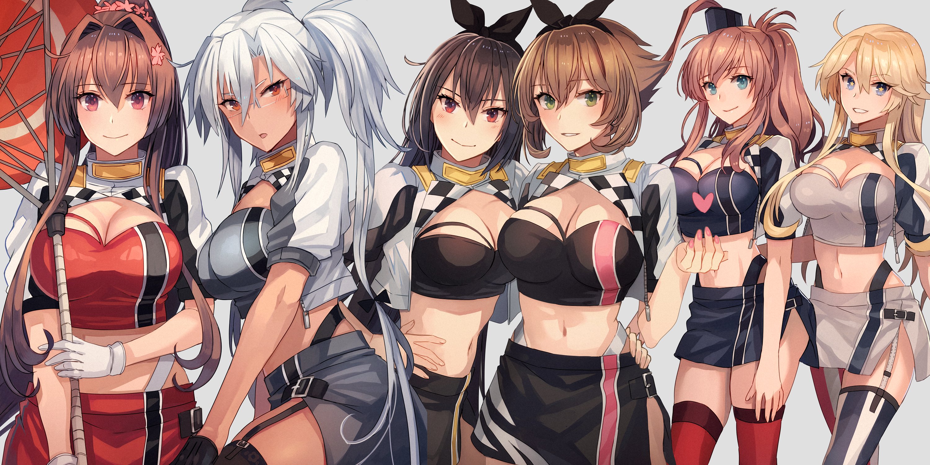 Anime 3000x1500 anime anime girls cleavage big boobs Race Queen Outfit artwork skchkko Kantai Collection Iowa (KanColle) Musashi (KanColle) Mutsu (KanColle) Nagato (KanColle) Saratoga (KanColle) Yamato (KanColle) group of women