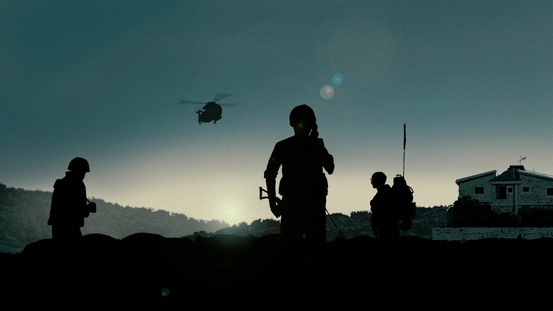 People 1920x1080 soldier silhouette helicopters dawn lens flare military