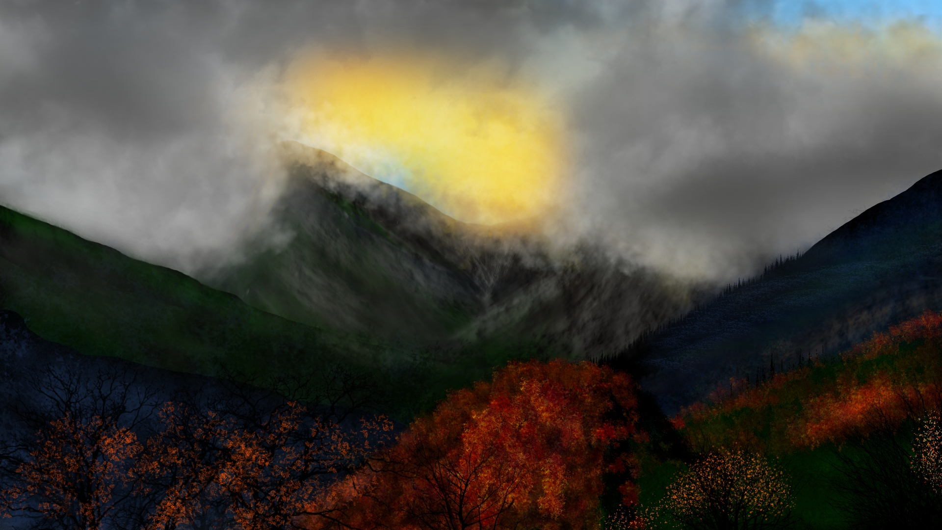 General 1920x1080 digital painting nature mountains fall landscape Sun artwork