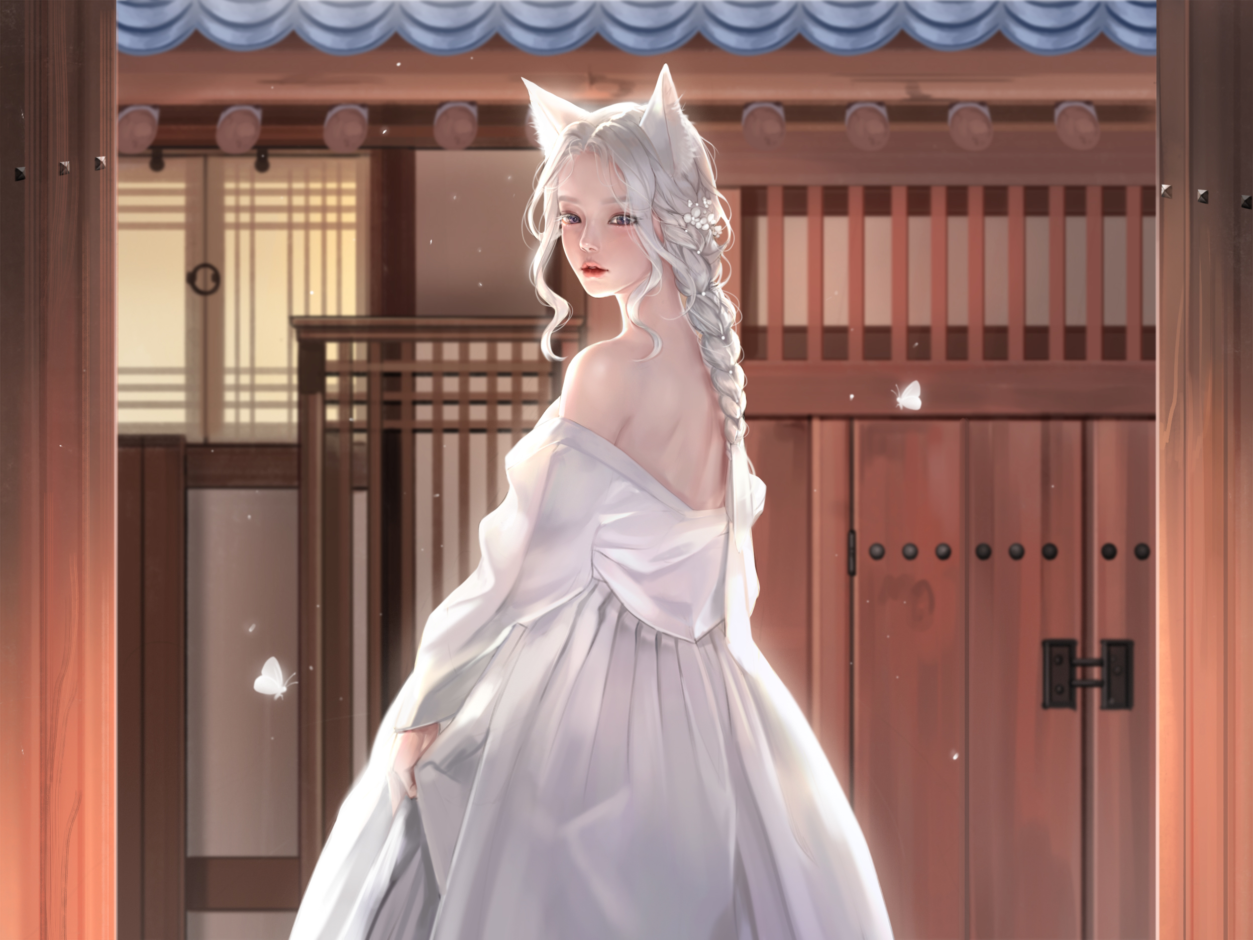 General 2494x1870 Kangagi97 women fox girl fantasy girl white hair fox ears dress white dress artwork fan art digital art