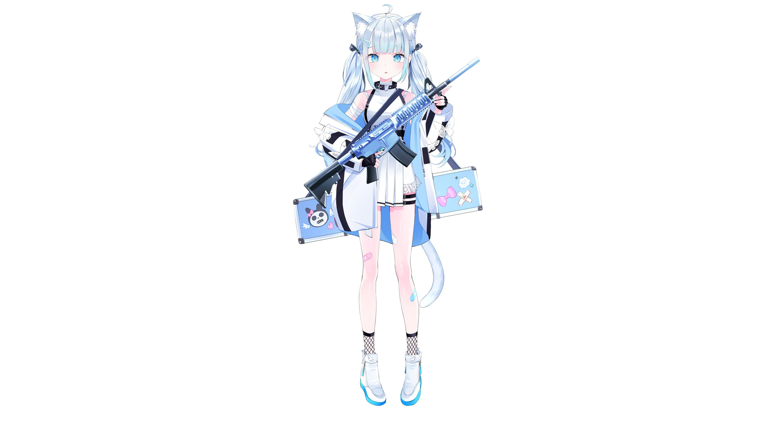Anime 2560x1440 Amatsuka Uto Nabi cat girl cat ears gun armalite rifle blue hair blue eyes cat tail