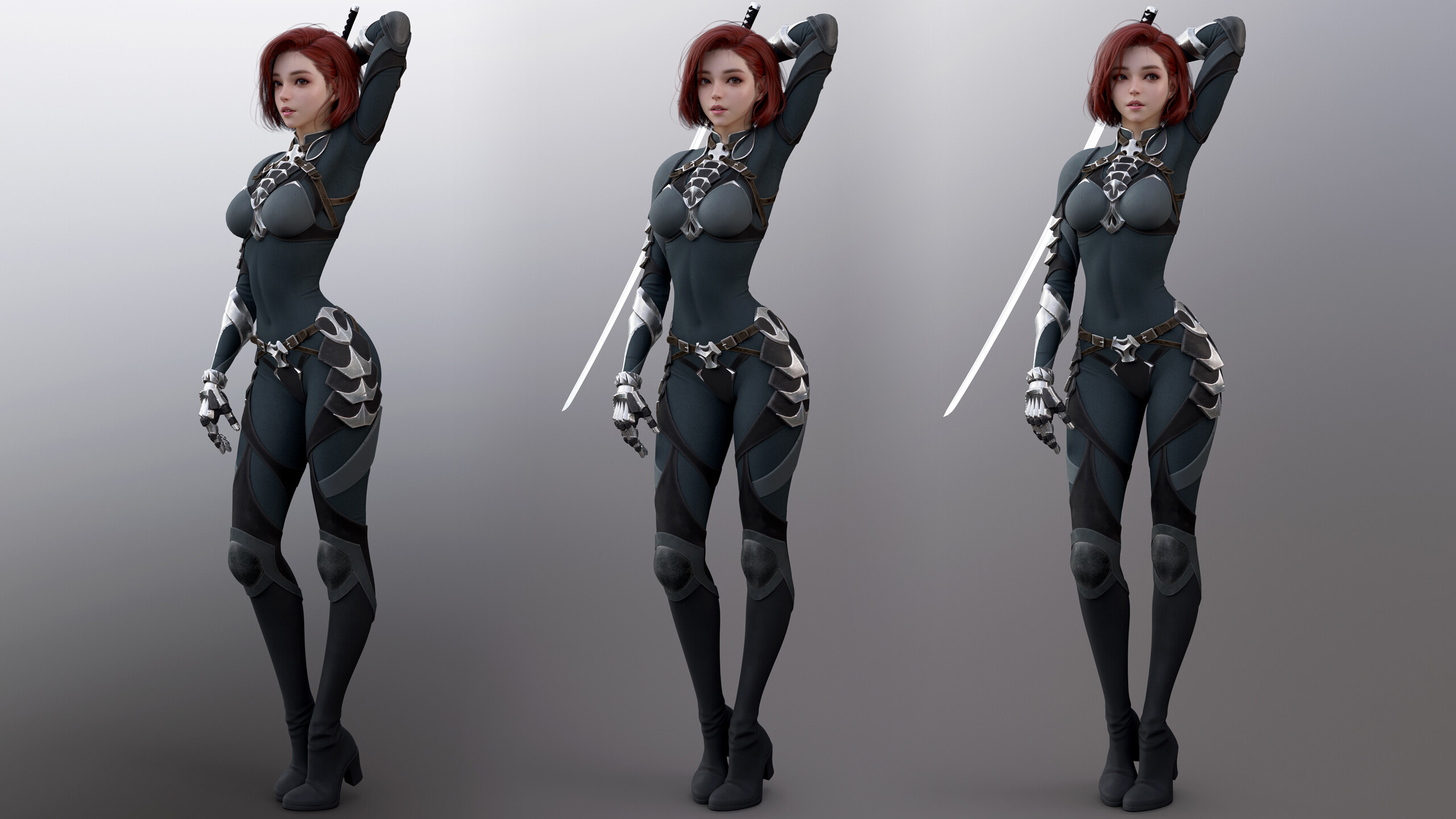 General 2560x1440 ArtStation katana armor Shin JeongHo bodysuit redhead women
