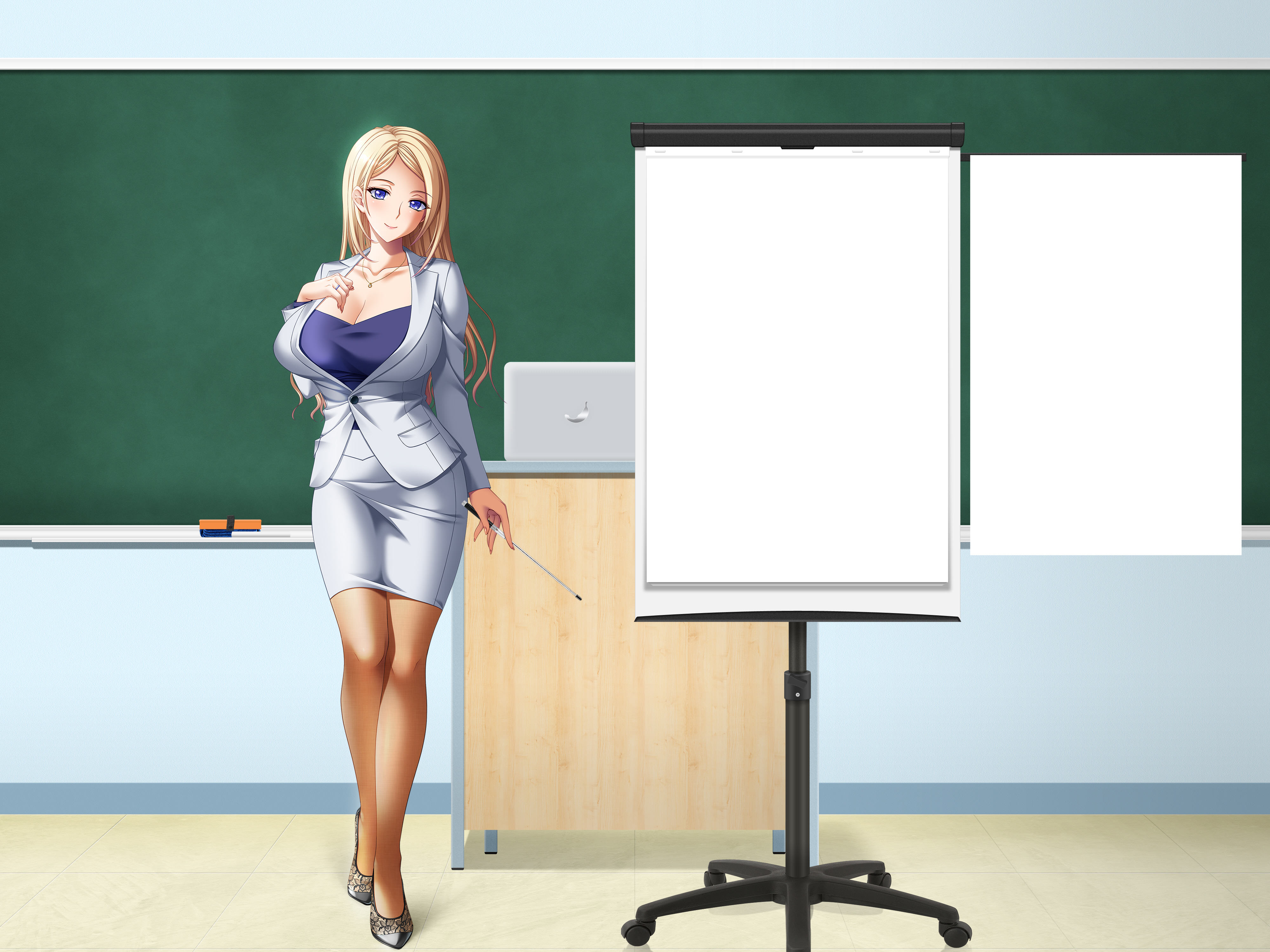 Anime 4000x3000 cleavage blonde easel white jacket white skirt