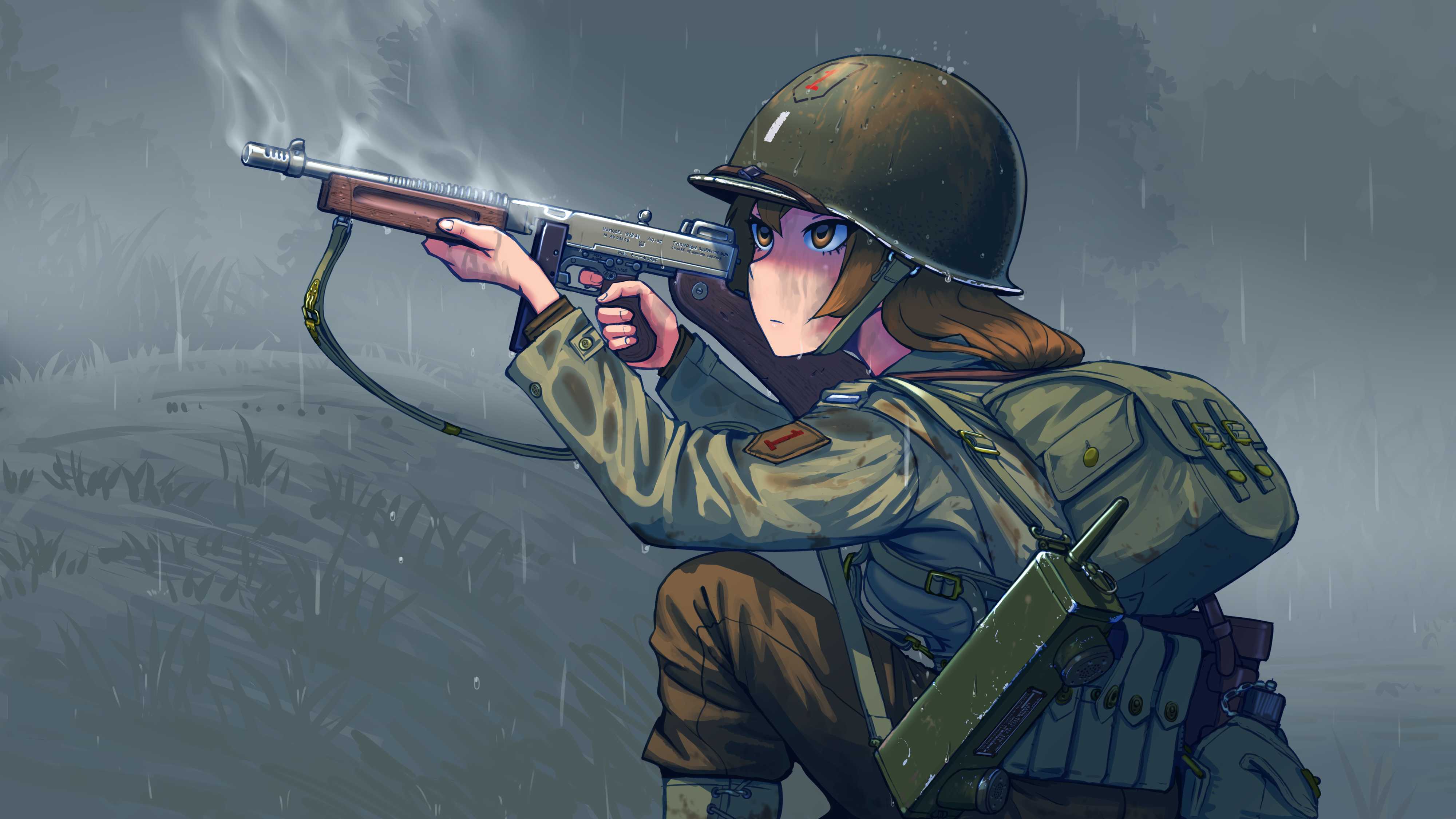 Anime 4000x2250 soldier anime girls aiming uniform rain weapon