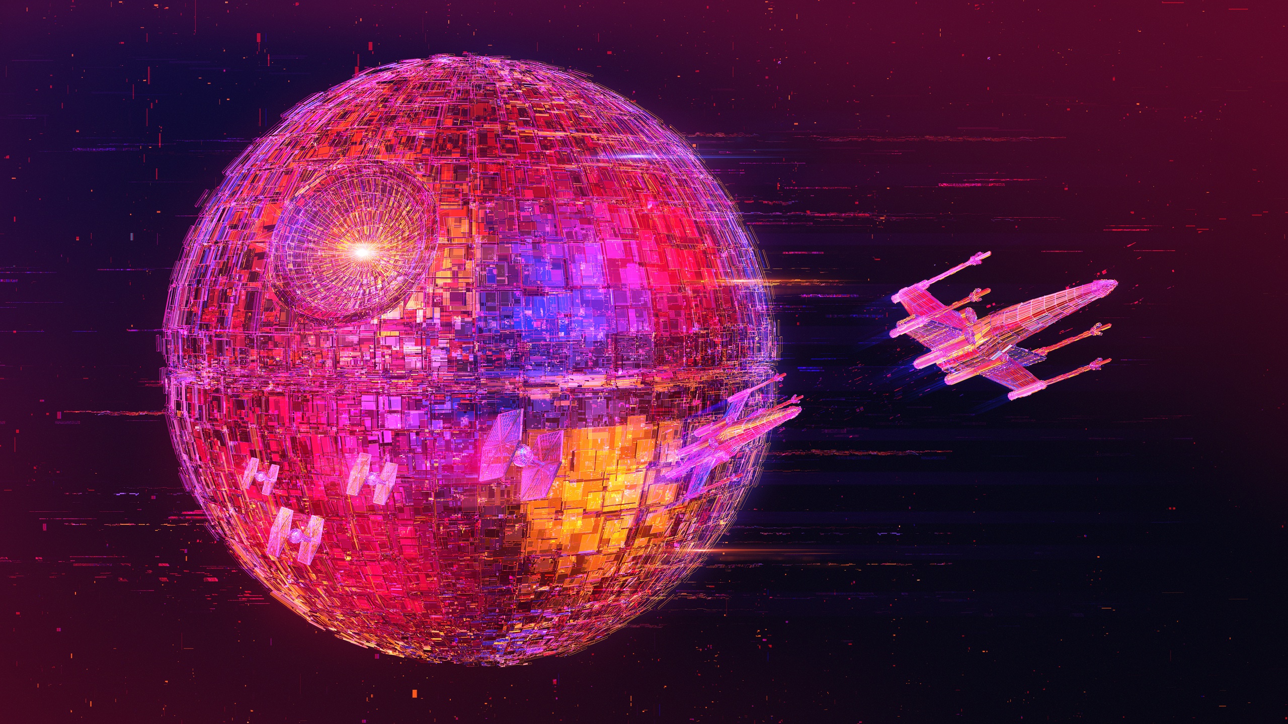 General 2560x1440 Star Wars digital art X-wing TIE Fighter Death Star neon artwork science fiction pink red glowing