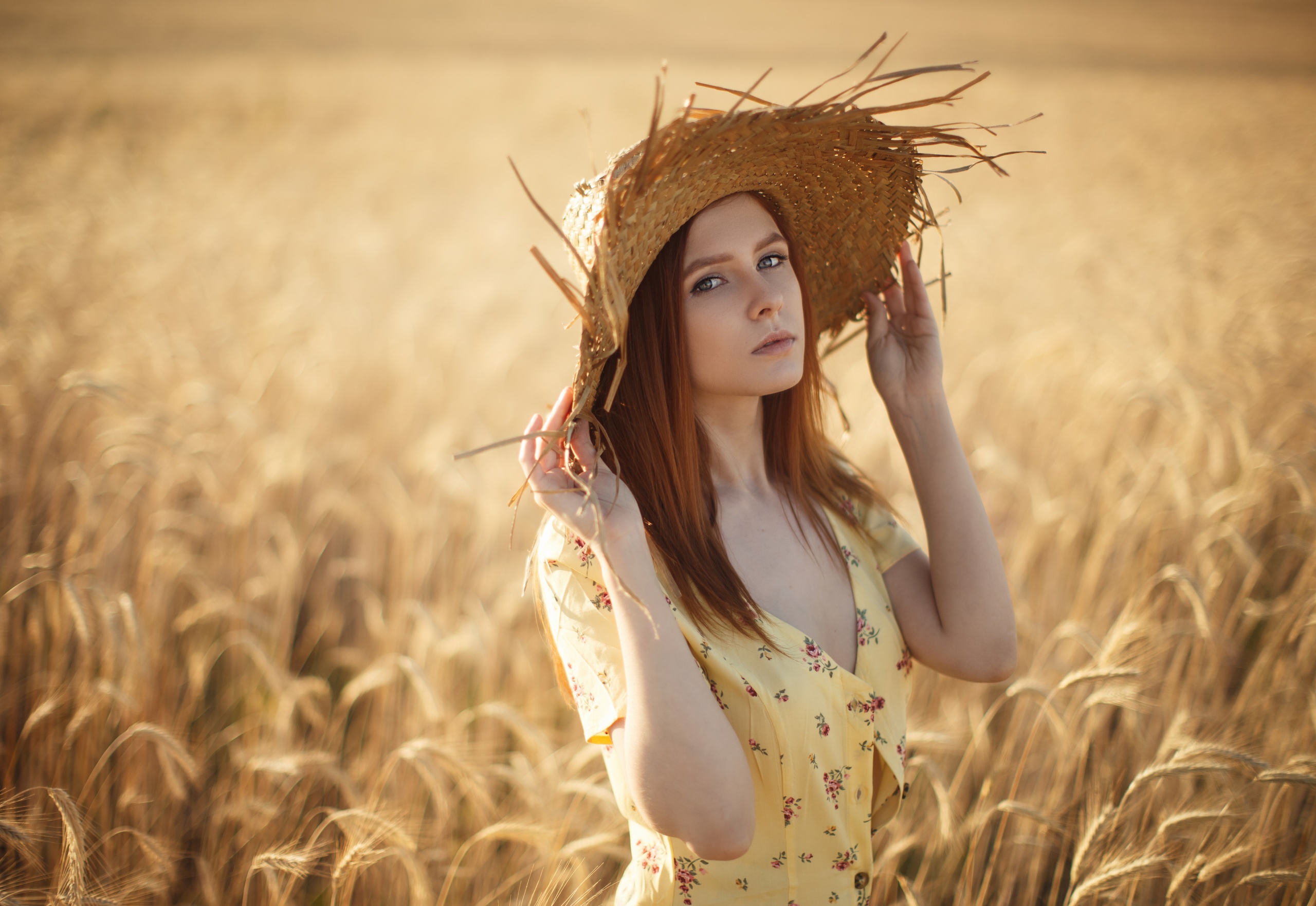 People 2560x1763 women model long hair portrait women with hats straw hat dress cleavage field wheat depth of field outdoors women outdoors Sergey Sorokin