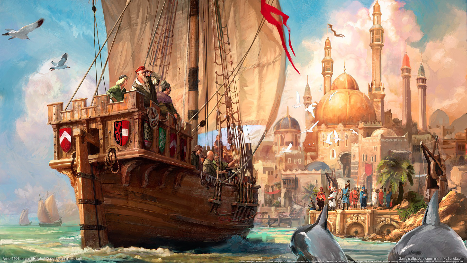 General 1920x1080 digital art fantasy art Anno 1404 video games sailing ship dolphin mosque coat of arms seagulls crowds ports PC gaming video game art ship vehicle