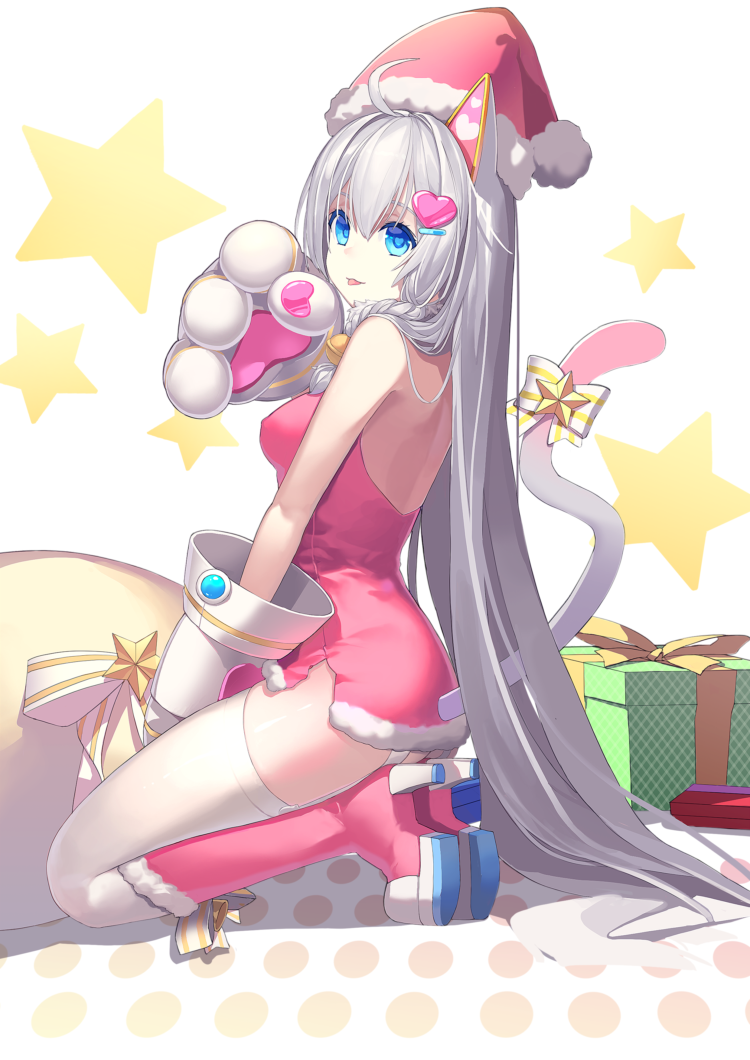 Anime 2480x3508 Christmas animal ears dress heels stockings tail thigh-highs kneeling silver hair blue eyes cat girl anime girls iron saga